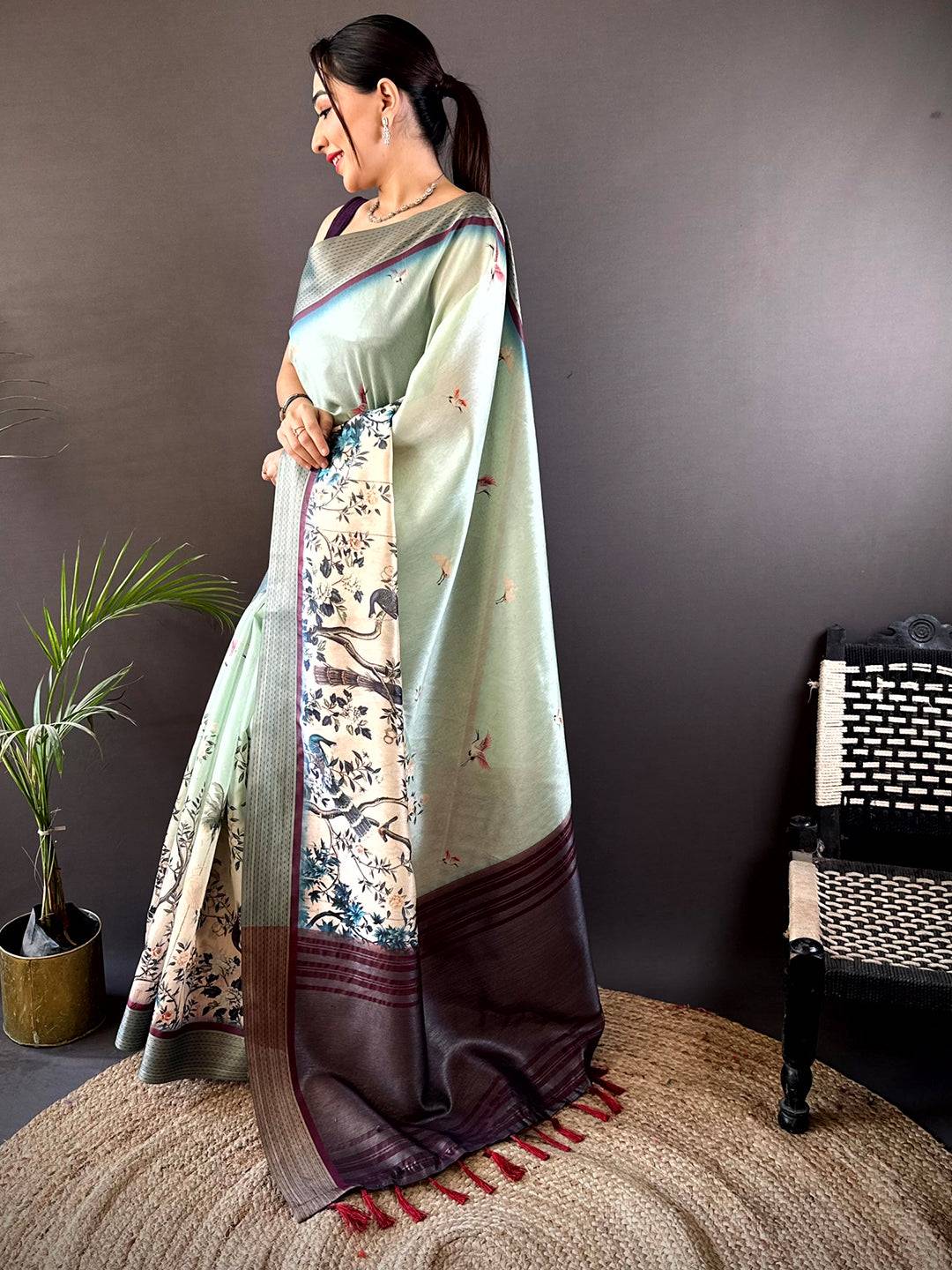 Mint Green Digital Kalamkari Printed Tussar Silk Saree
