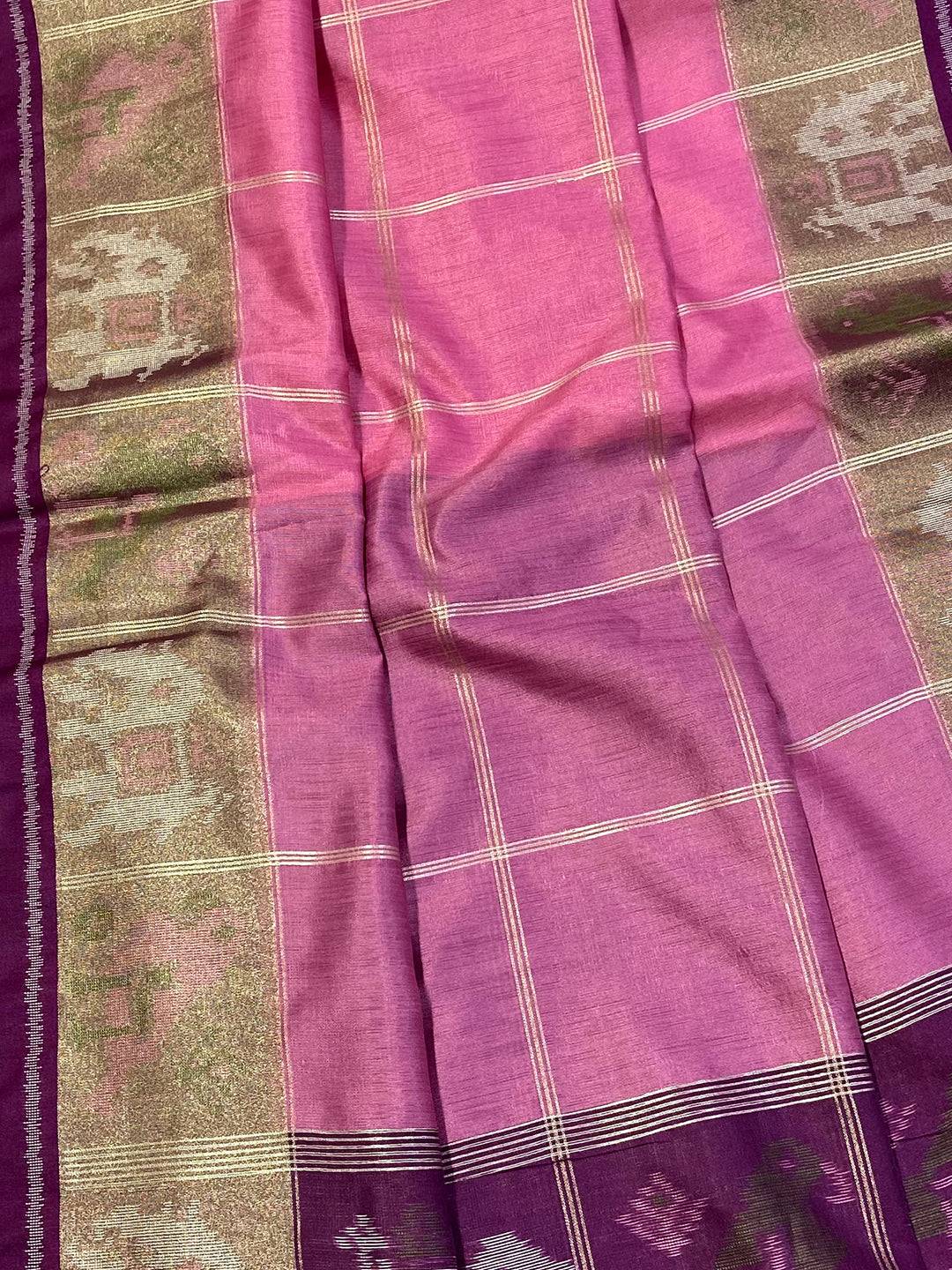 Pink Double Ikat Tussar Silk Saree