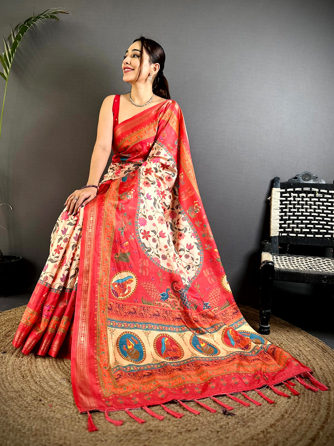 Vibrant Kashmiri Print Soft Silk Saree
