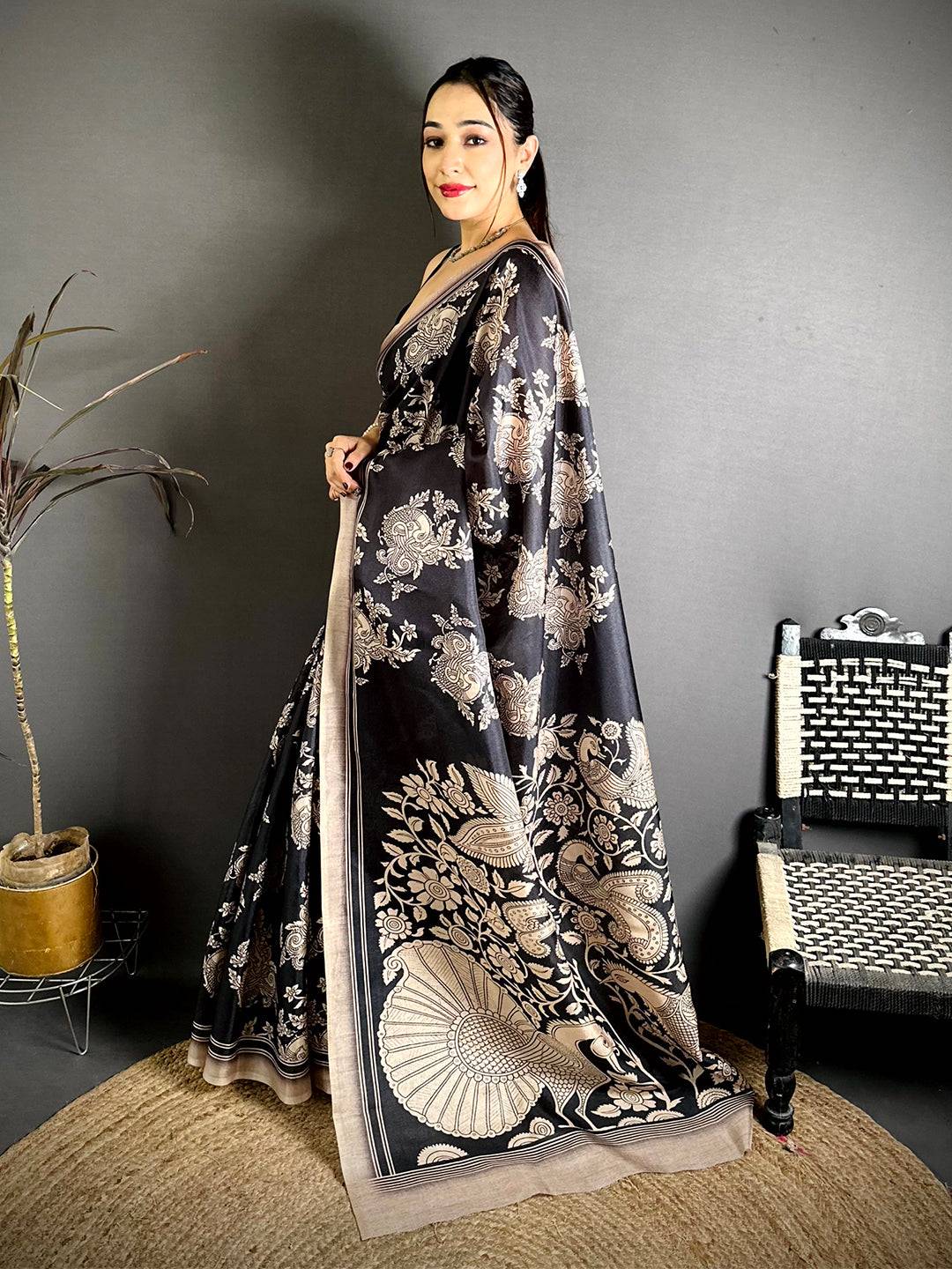 Classic Black Kalamkari Print Tussar Saree