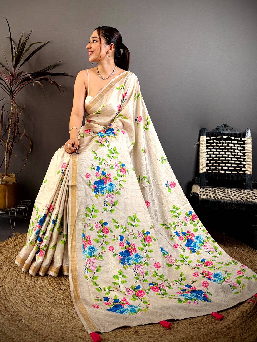 Artisan Tussar Floral Ghicha Weaving Saree