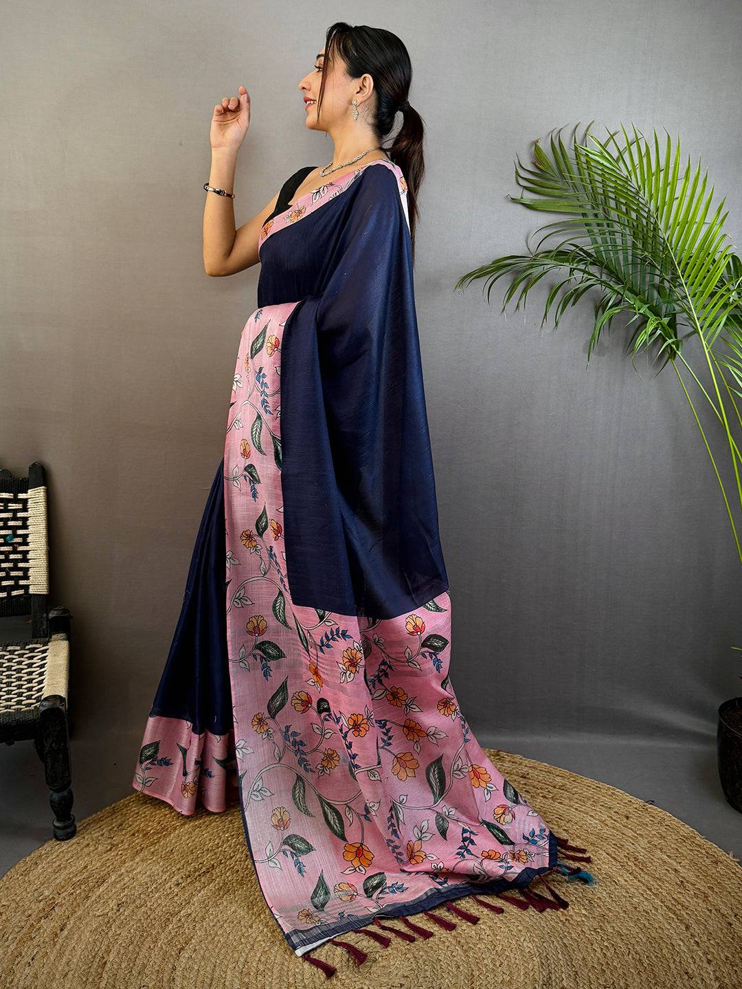 Navy Linen Kalamkari Print Saree