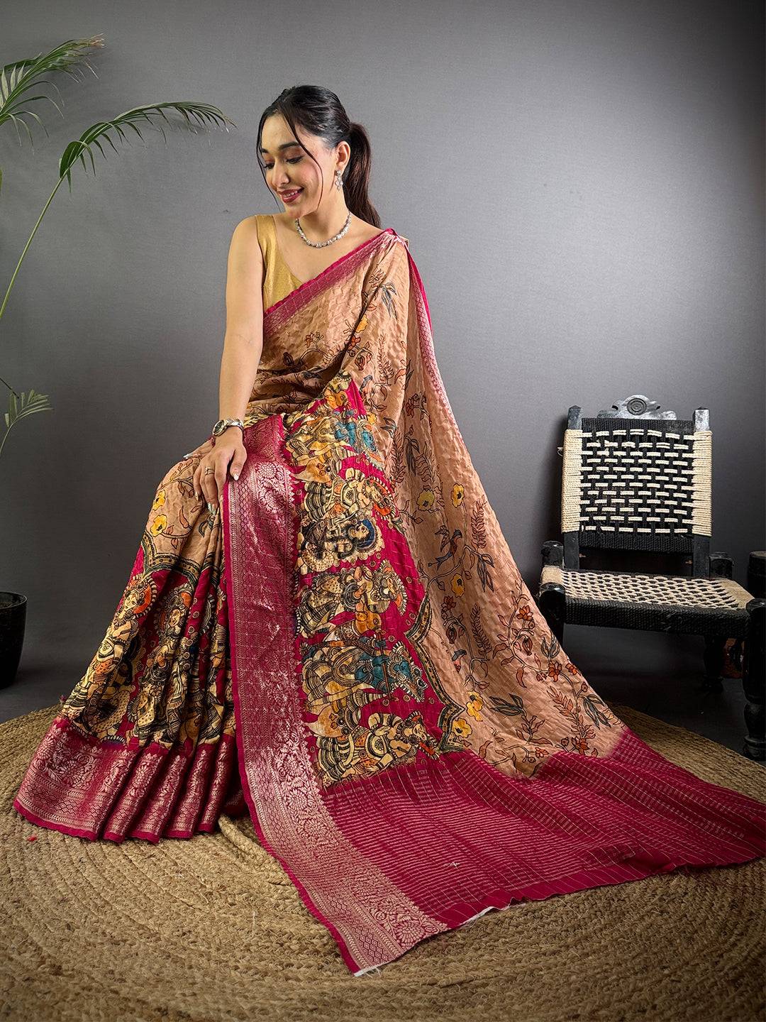 Peach Pure Viscose Kalalmkari Printed Saree