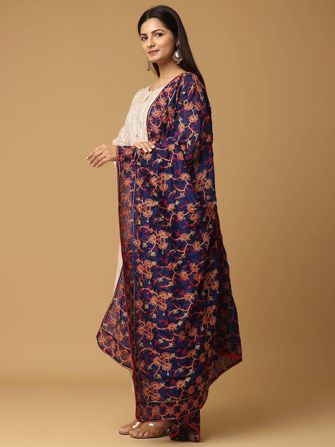 Side view of navy chiffon dupatta with intricate embroidery