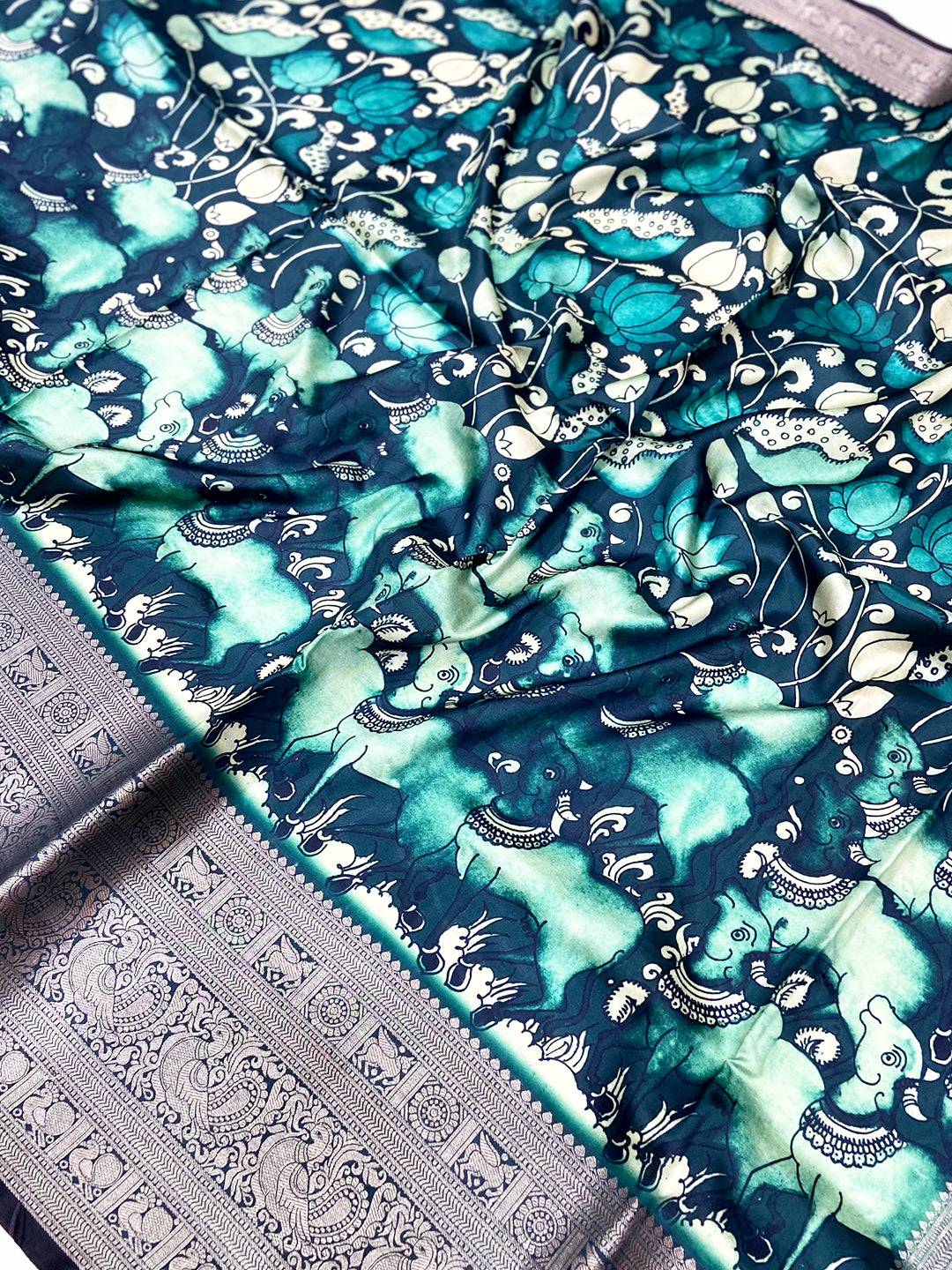 Teal Digital Kalamkari Banarasi Saree
