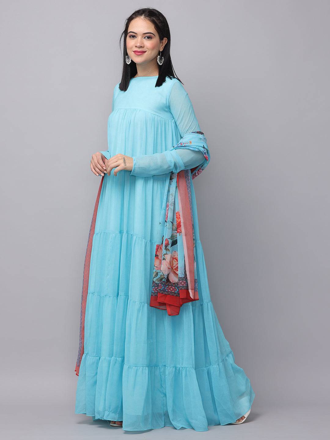 Powder blue dress with colorful dupatta, side view