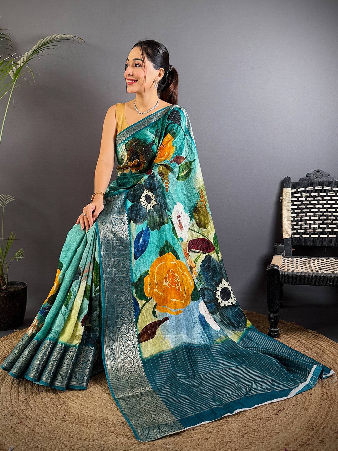 Artistic Turquoise Viscose Floral Saree