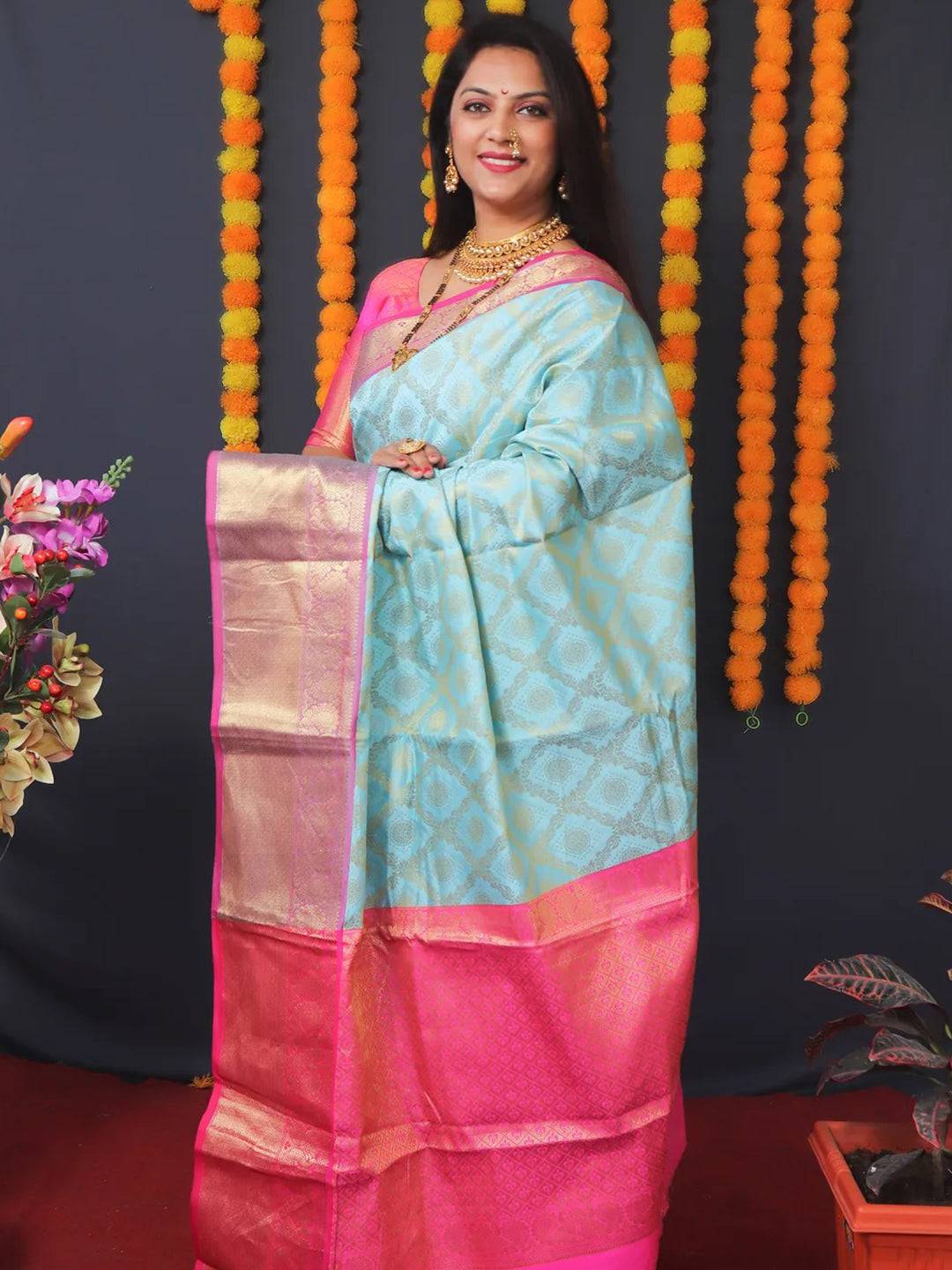 Aqua Banarasi Brocade Saree