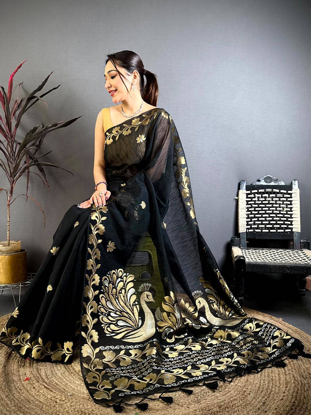 Black Peacock Zari Munga Saree