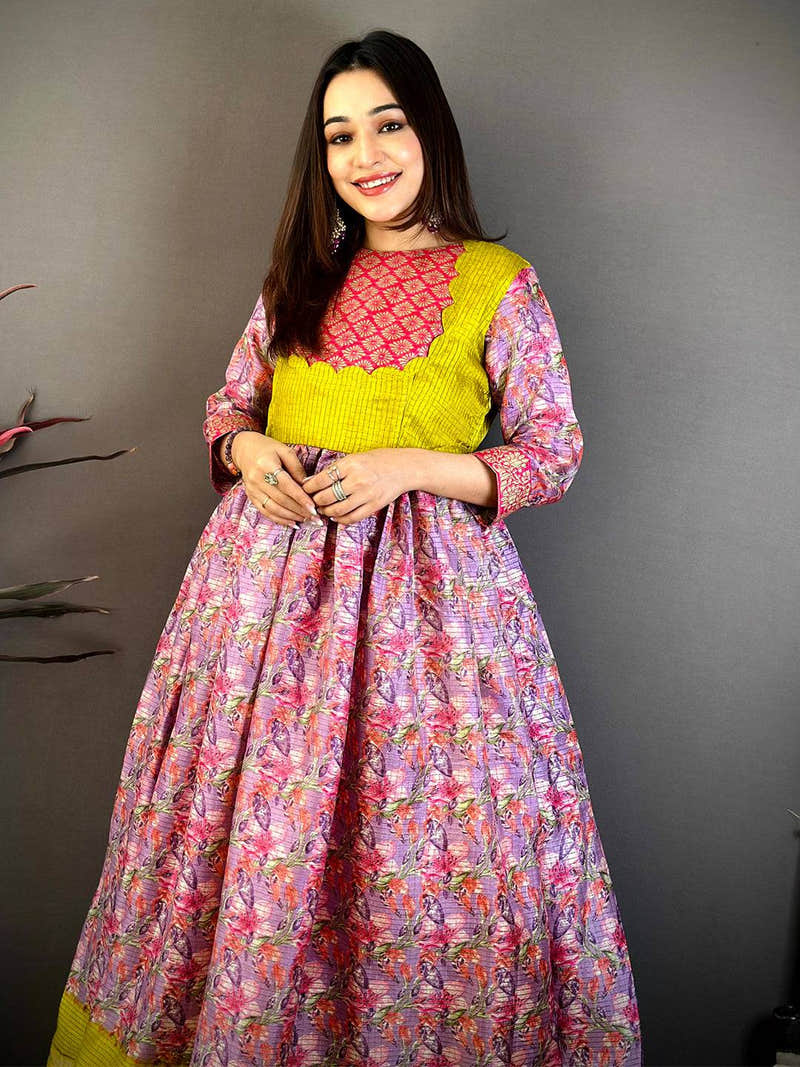 Lavender Floral Print Kota Doriya Dress with Scalloped Yoke