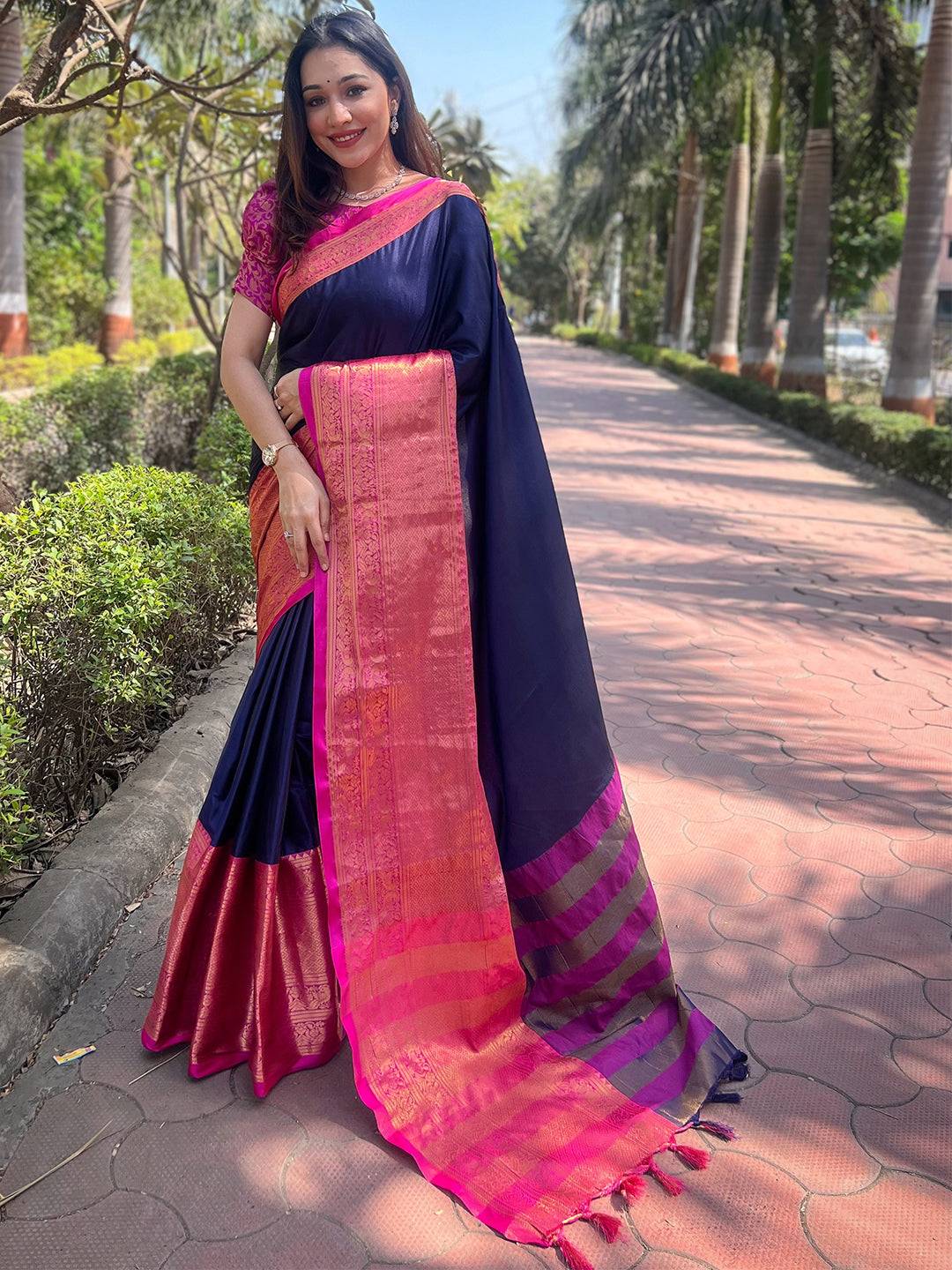 Elegant Navy Kanjivaram Saree with pink border, full view