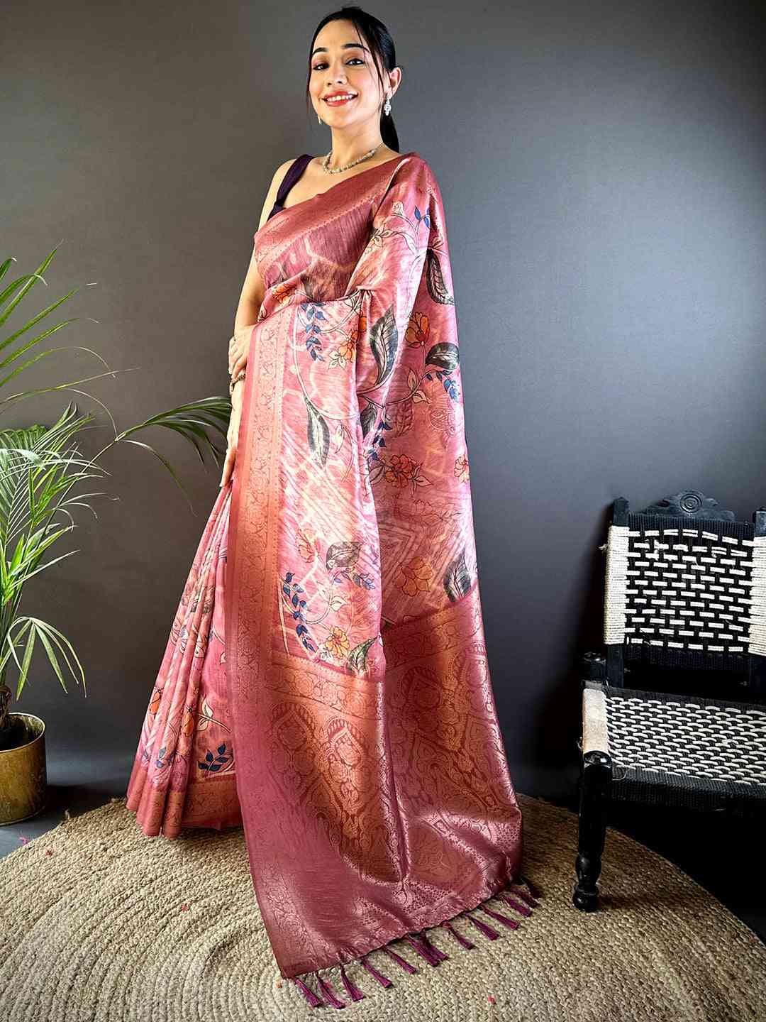 Peach Banarasi Kalamkari Print Saree