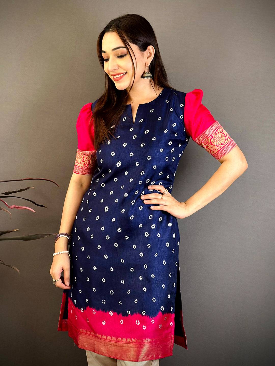 Navy Soft Dola Silk Round Slit Neck Kurti