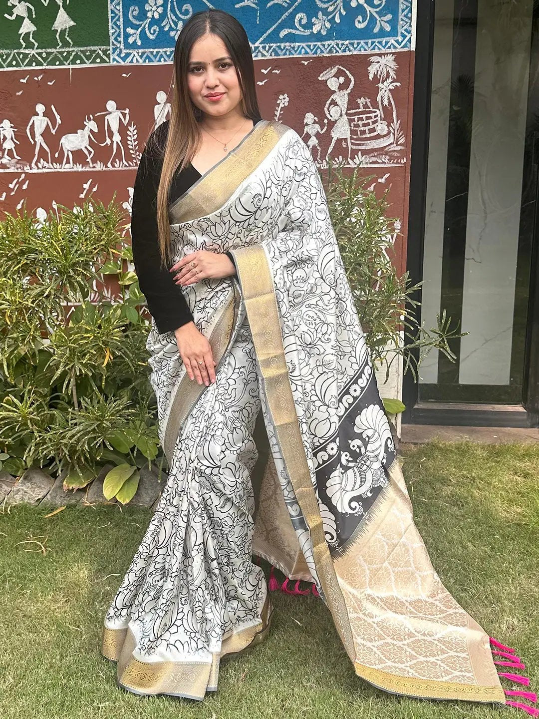 Stylish Kalamkari saree featuring traditional block prints