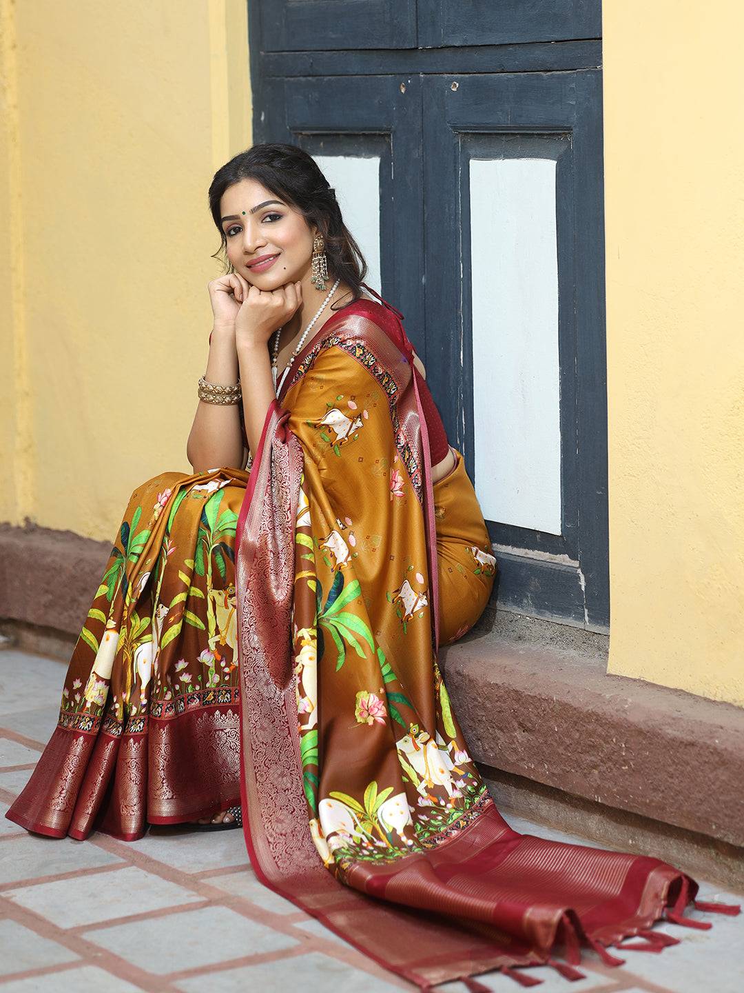 Pichwai Print Zari Weaving Pallu Saree In Mustard Colour