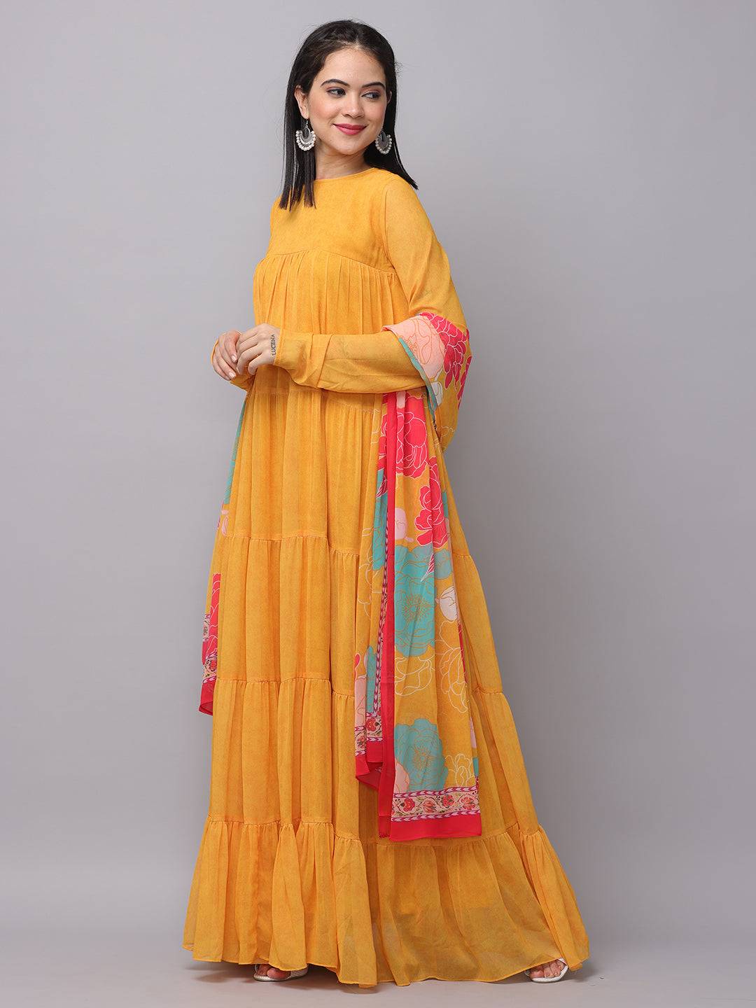 Sunlit Mustard Flared Long Dress side view