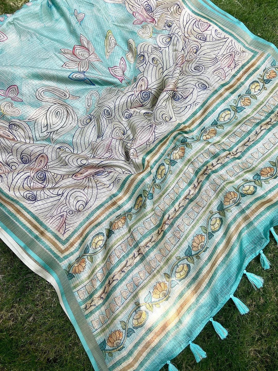 Soft Kota Doriya Silk Saree With Flower Kalamkari Print
