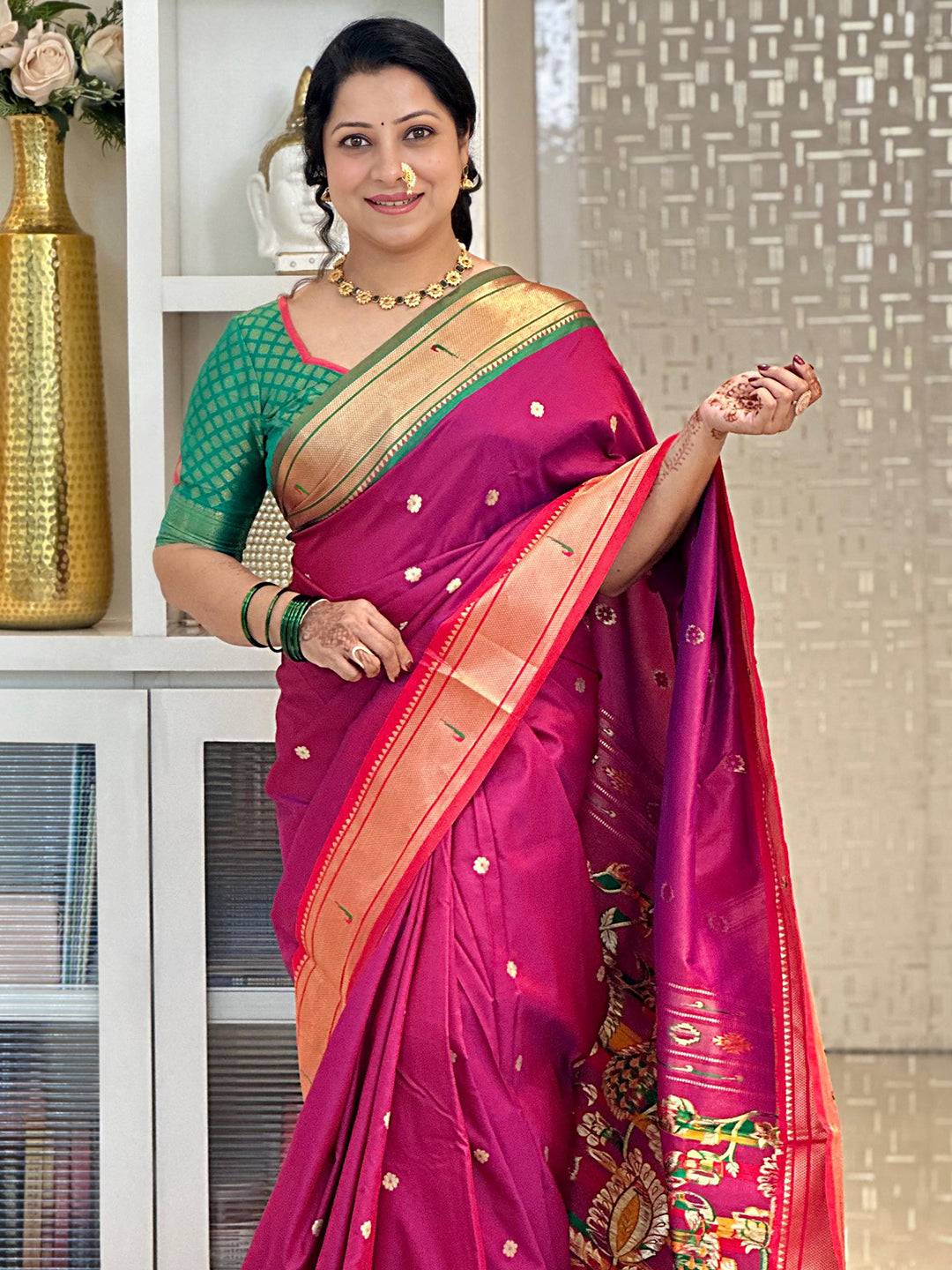Silk Paithani saree with Ganga Jamuna border, detailed pallu design