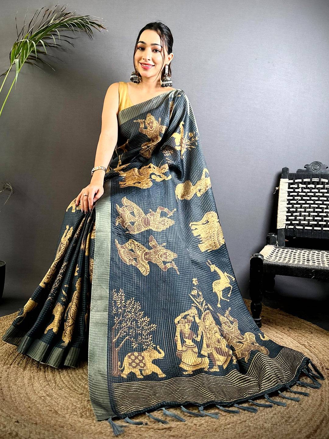 Kalamkari Block Print Black Tussar Saree