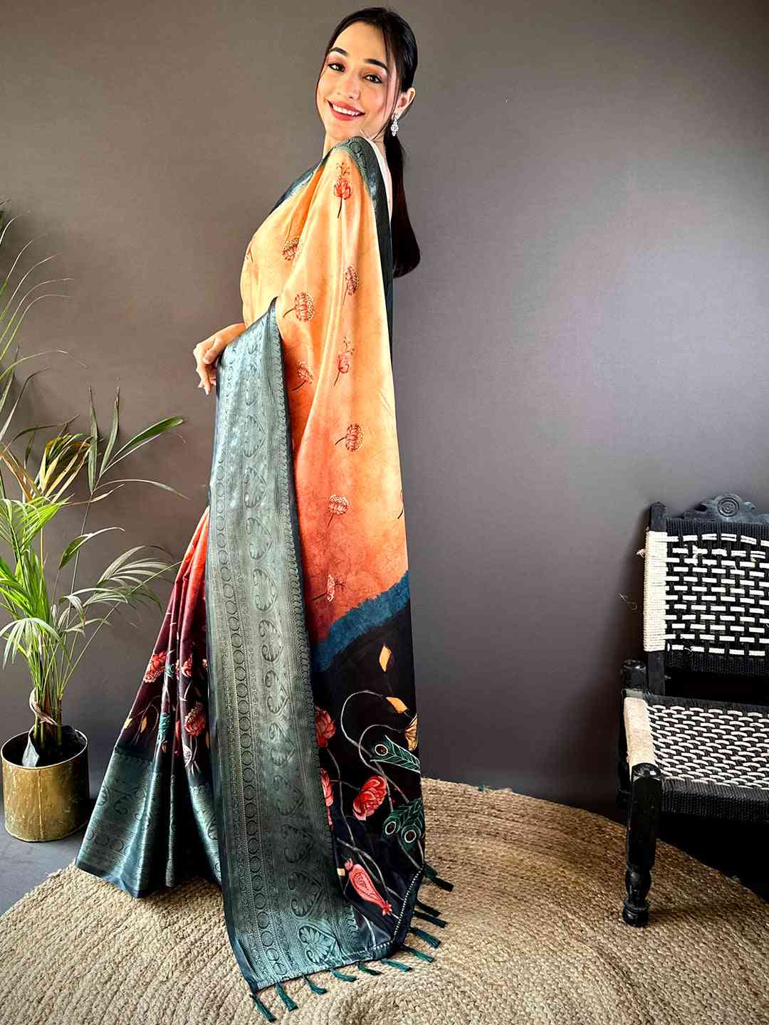 Orange Soft Silk Floral Ombre Print Saree