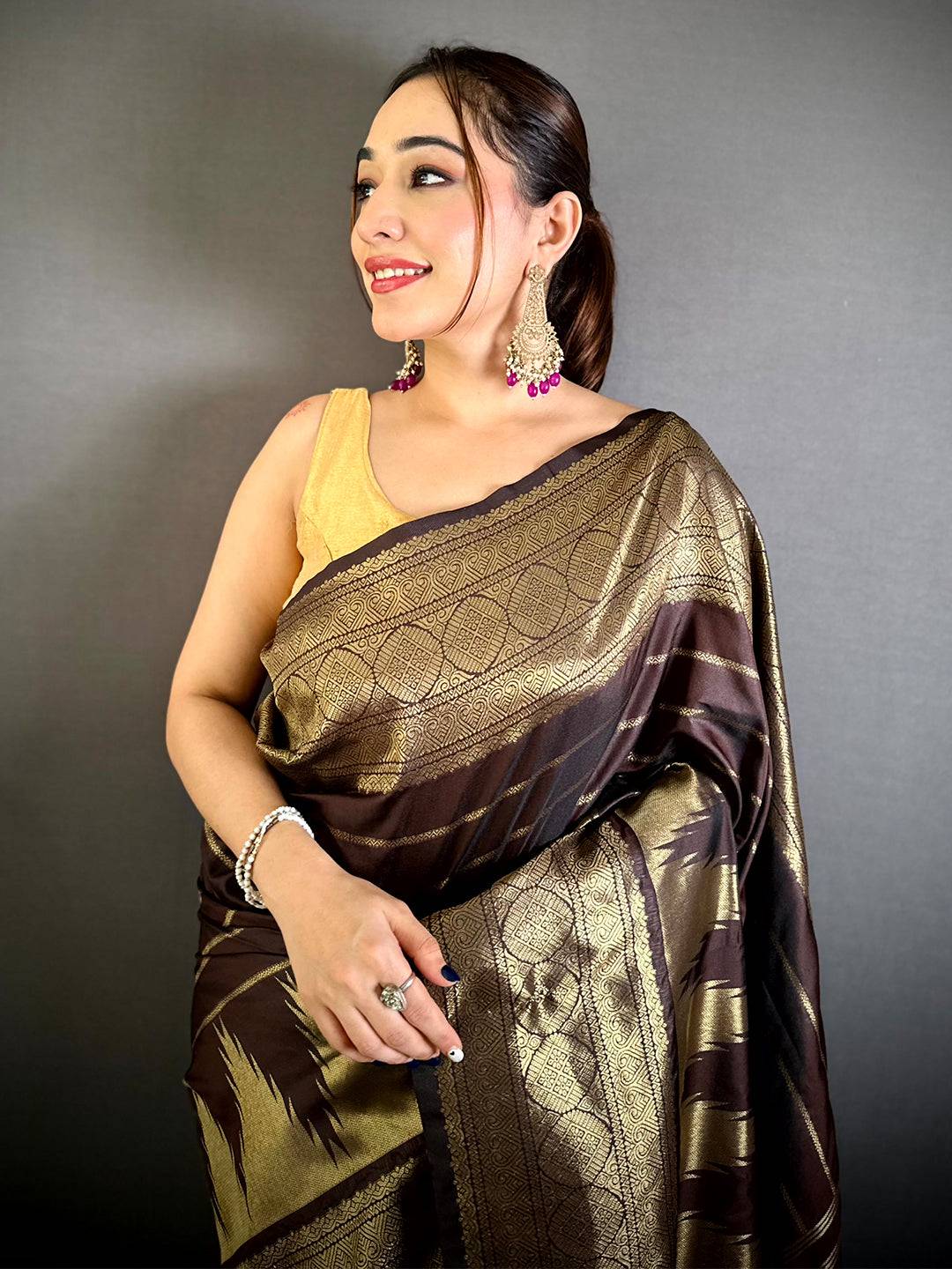 Wooden Brown Soft Silk Temple Border Saree