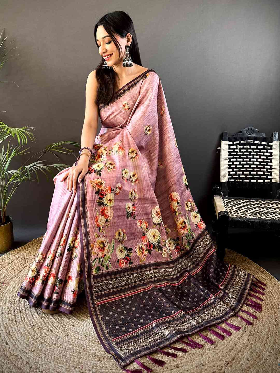 Floral Beauty in Mauve Tussar Zari Saree