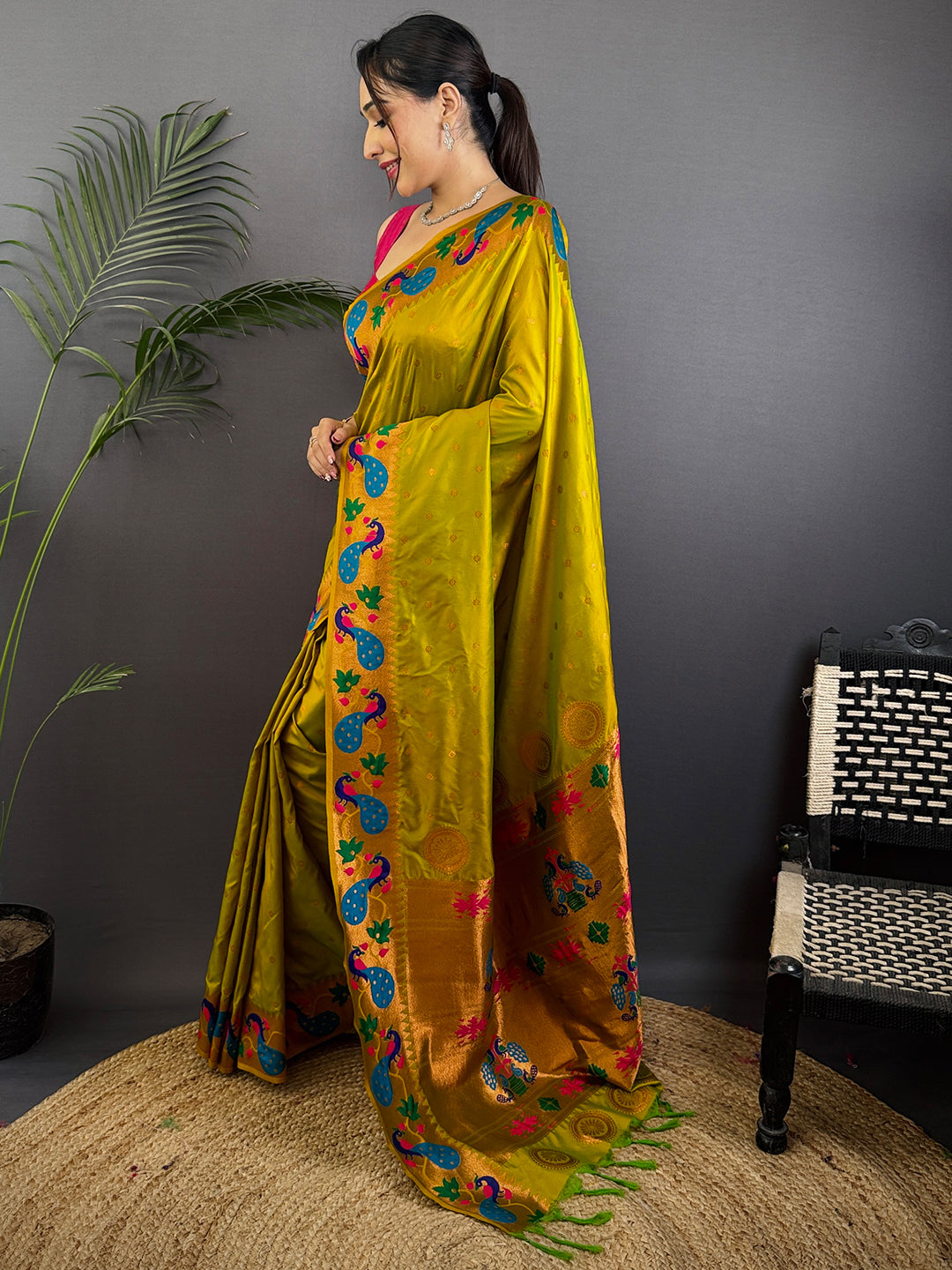 Mustard Yeola Paithani Soft Silk Saree