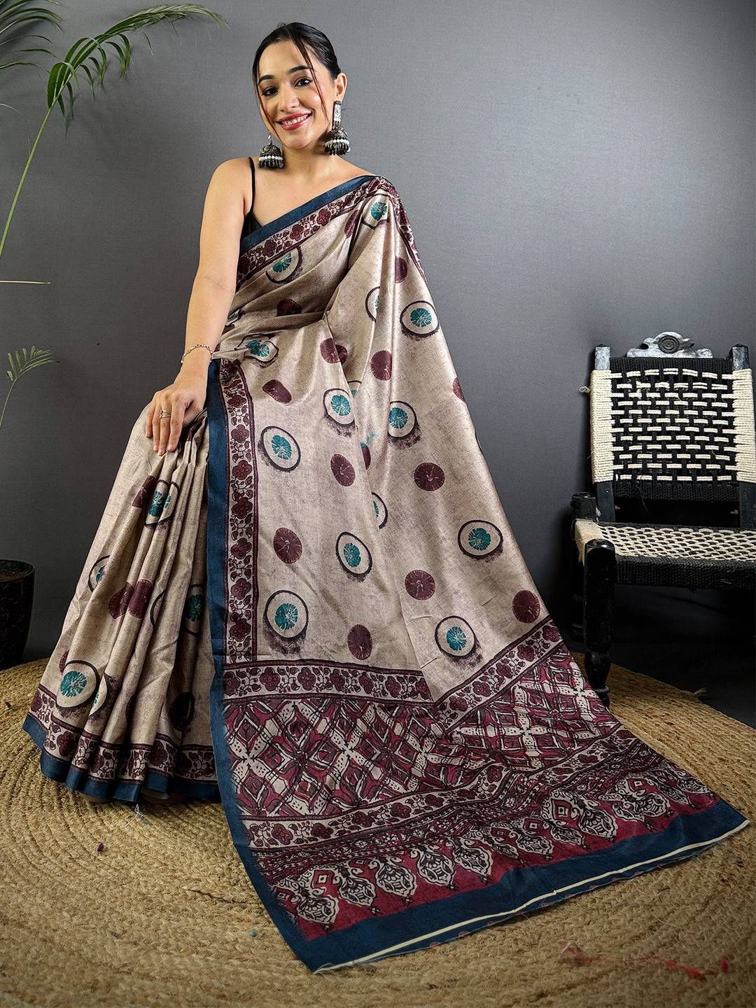 Tan Soft Dola Silk Printed Saree