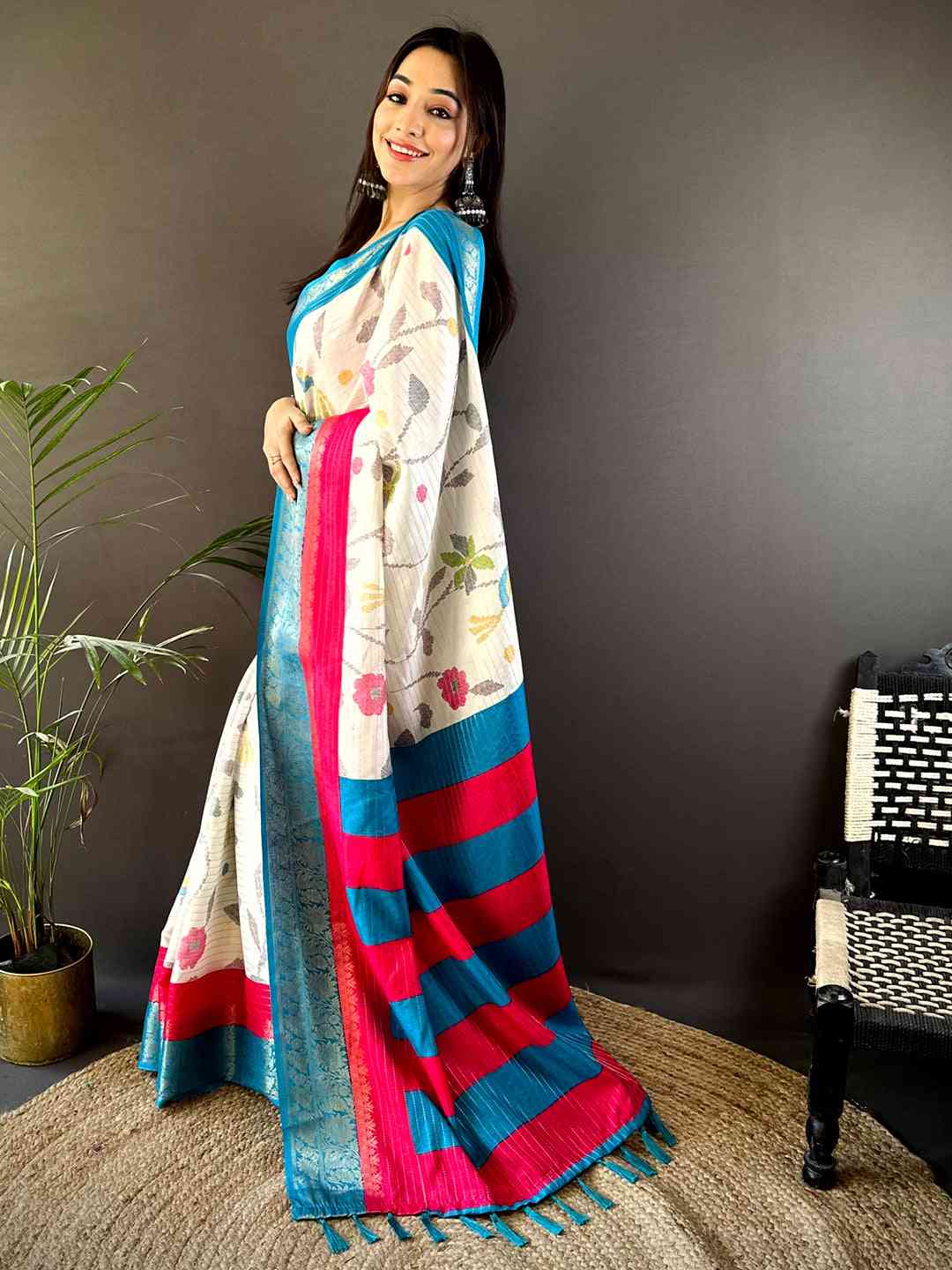 Blue Dola Silk Bird Print Saree