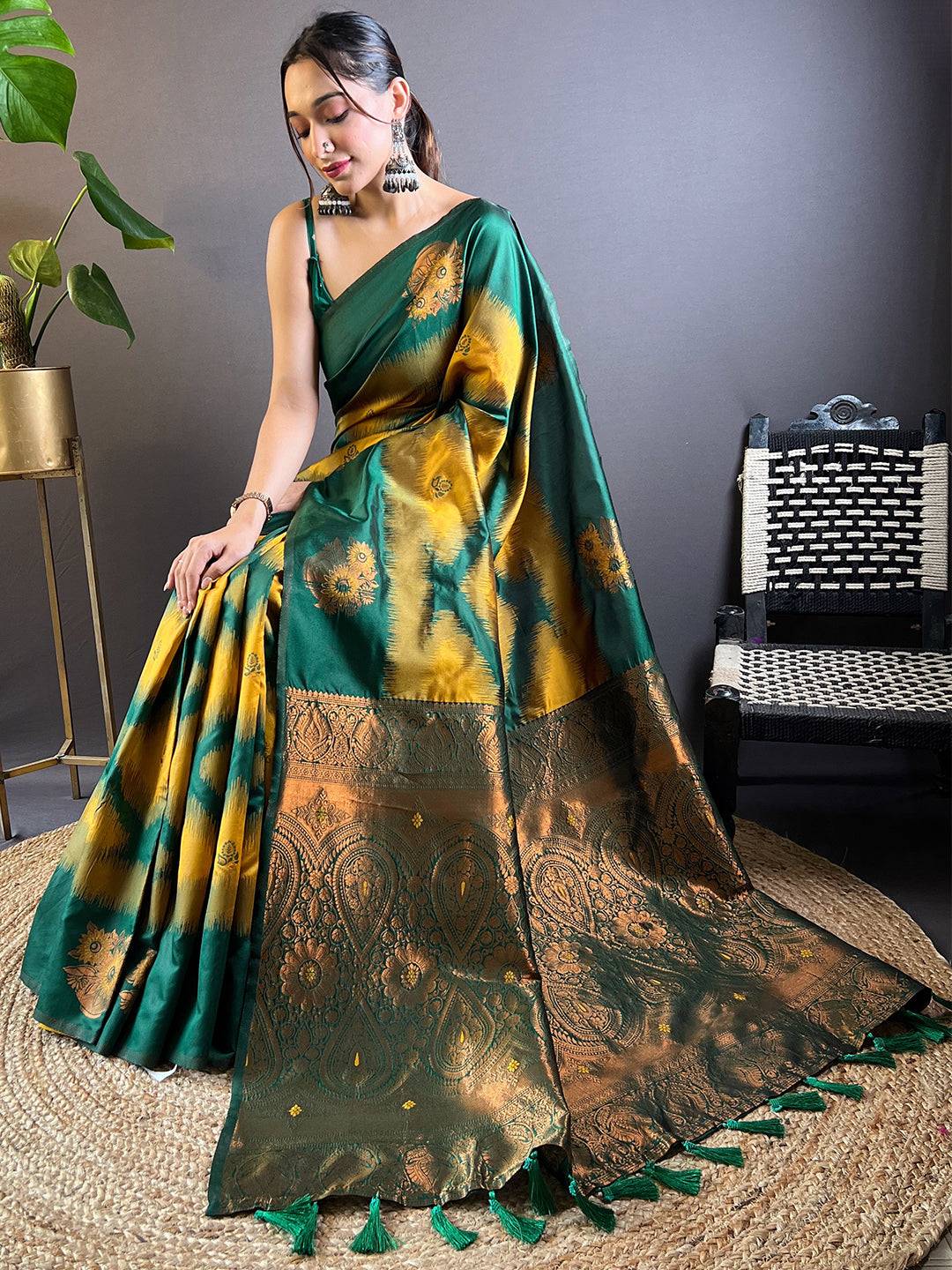 Mustard tussar silk saree featuring ikkat weaving