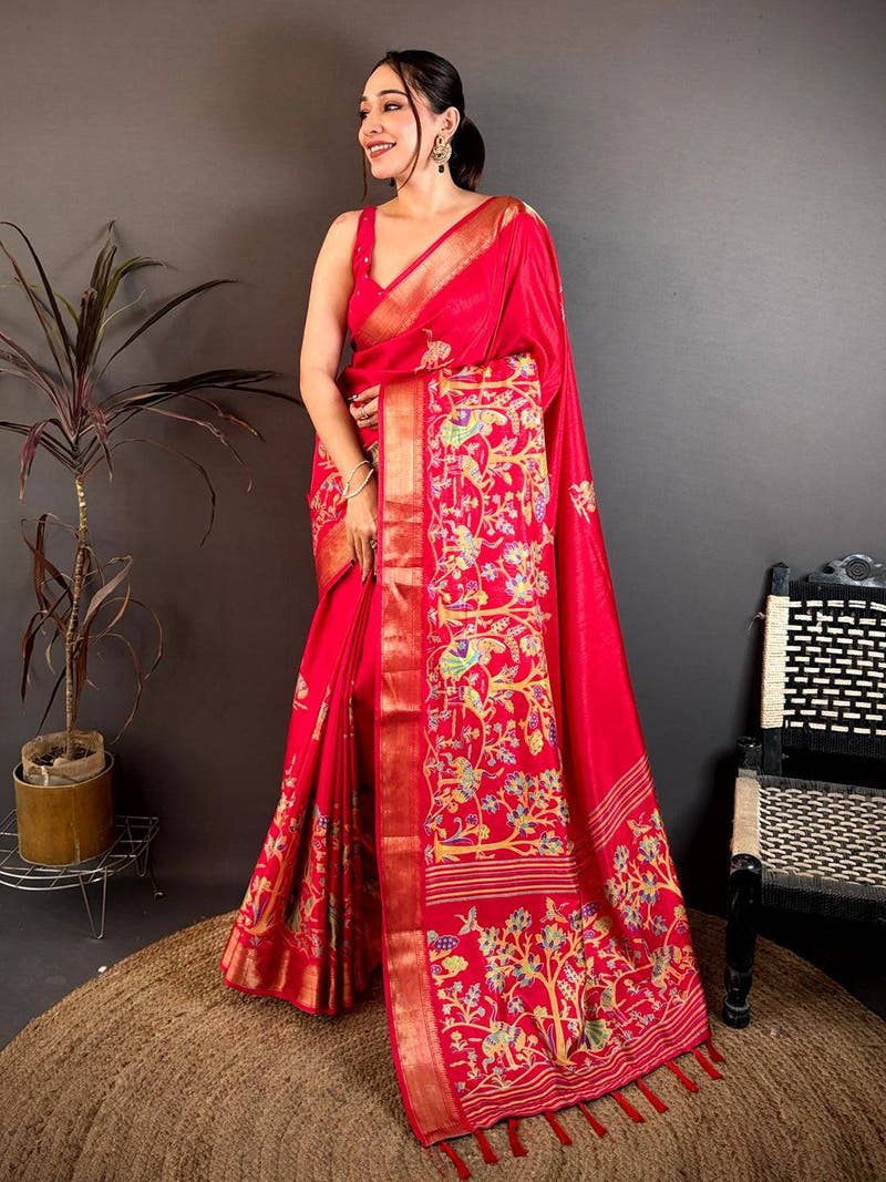 Dark Pink Shade Printed Dola Silk Saree