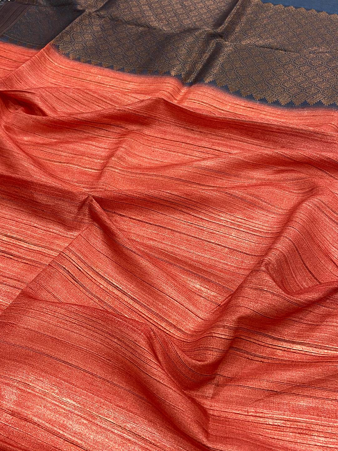 Rust Red Tussar Ghicha Print Saree