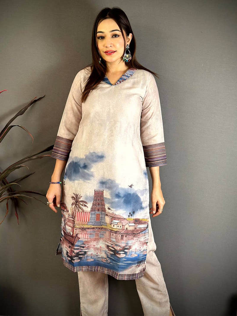 Beige Mul Cotton Art Print Kurti with Temple Lake Scene Hem