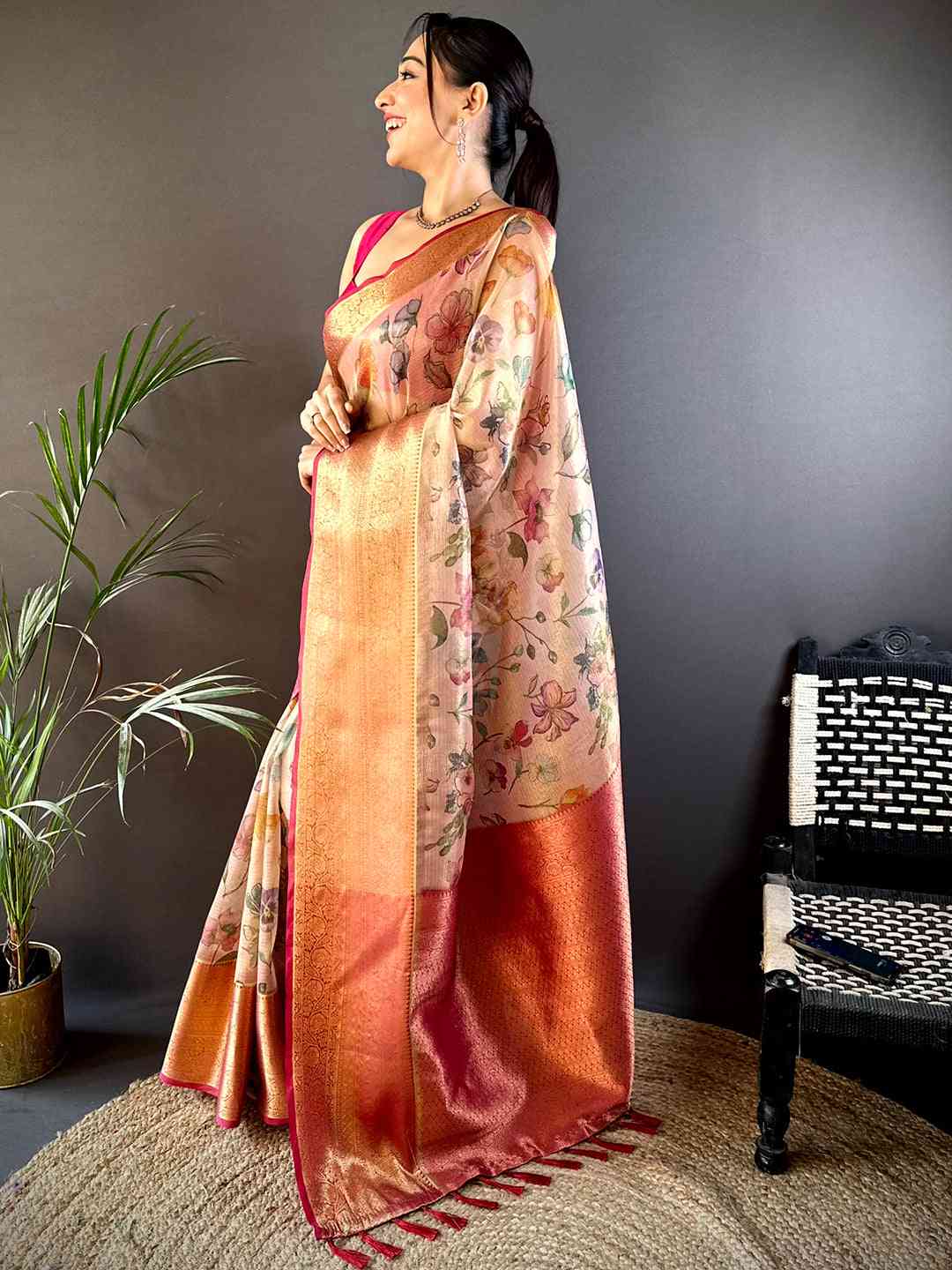 Tan Beige Floral Gold Zari Tissue Saree
