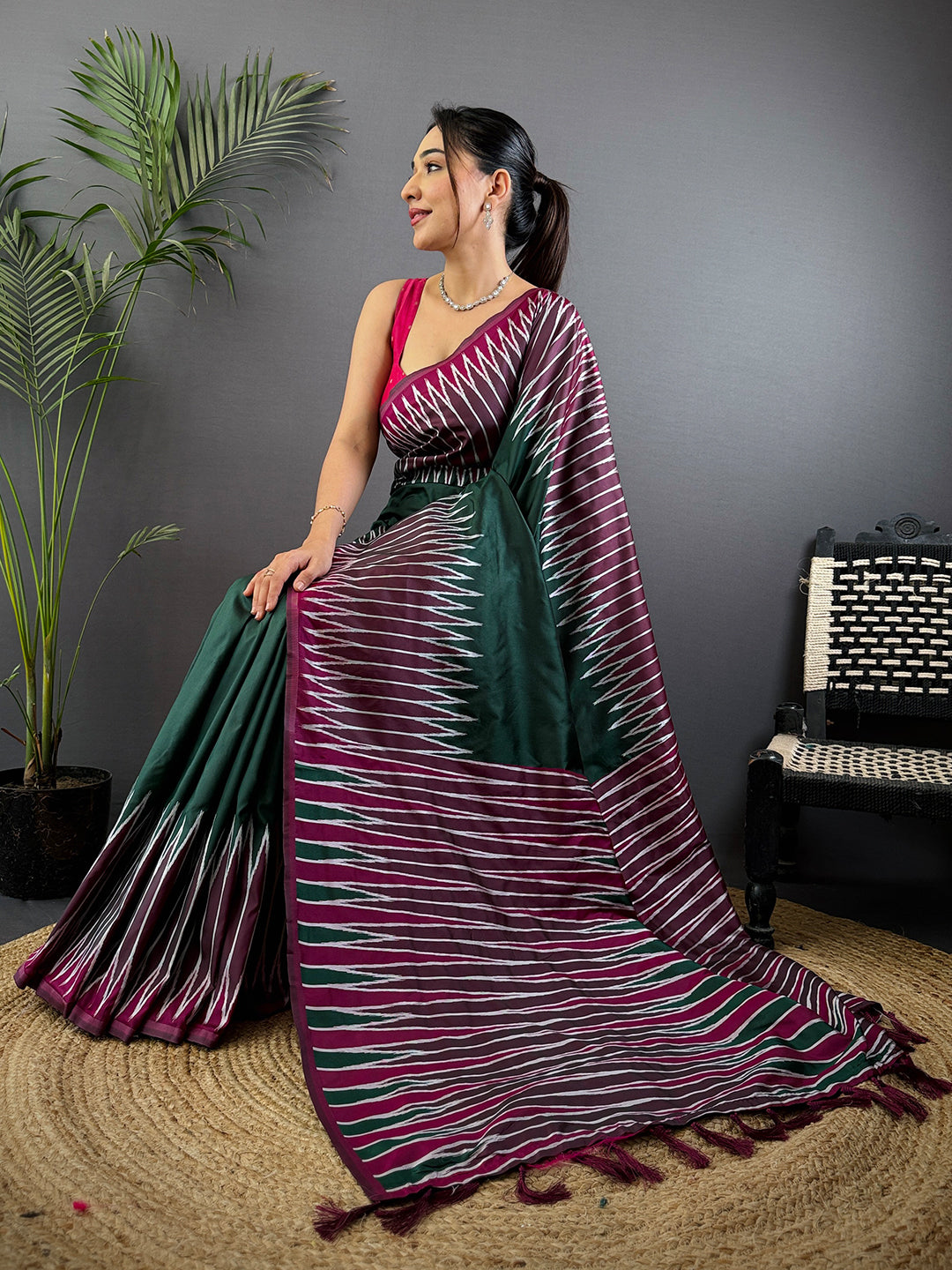 Green Soft Silk Ikkat Zari Weaving Saree