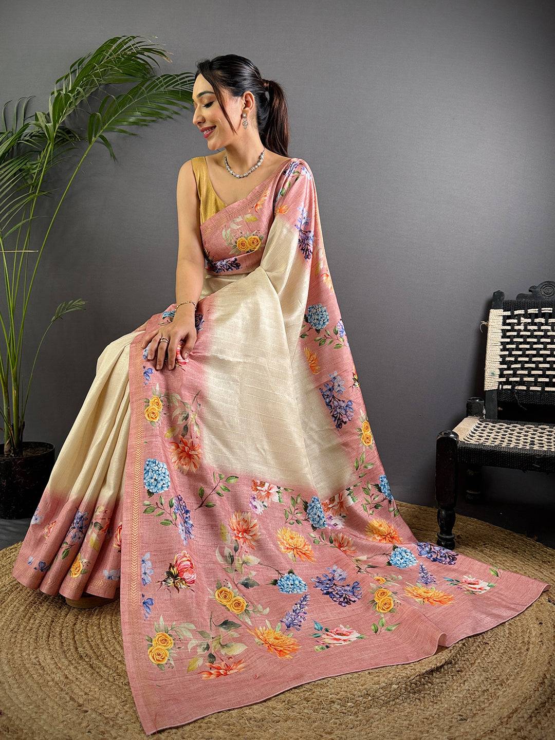 Off White Tussar Ghicha Silk Saree