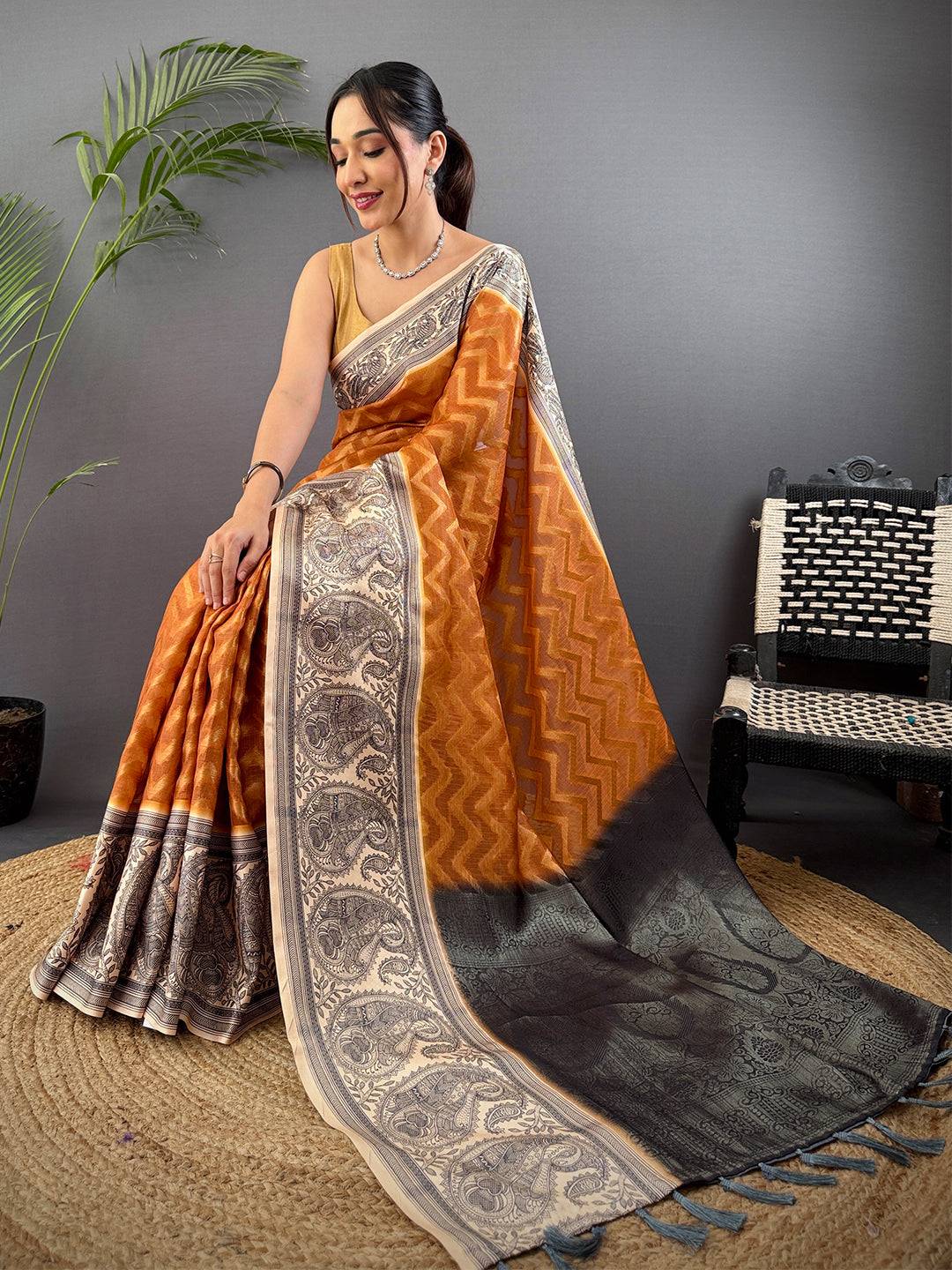 Rust Orange Madhubani Print Soft Silk Saree