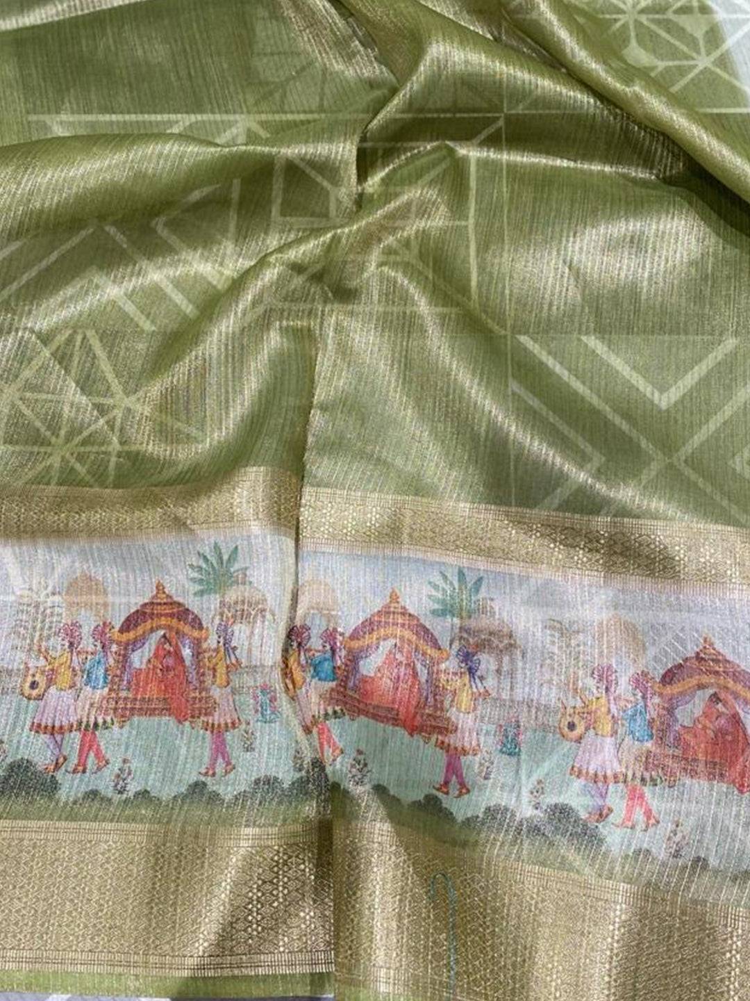 Detailed view of Soft Gold Zari Tissue Saree with digital print