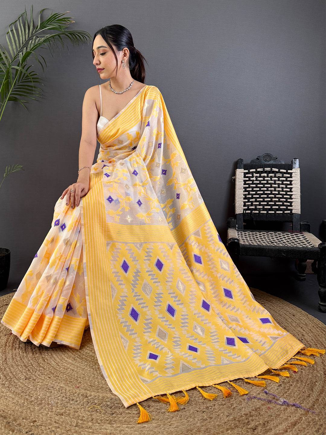 Elegant Yellow Soft Cotton Silk Jamdani Saree