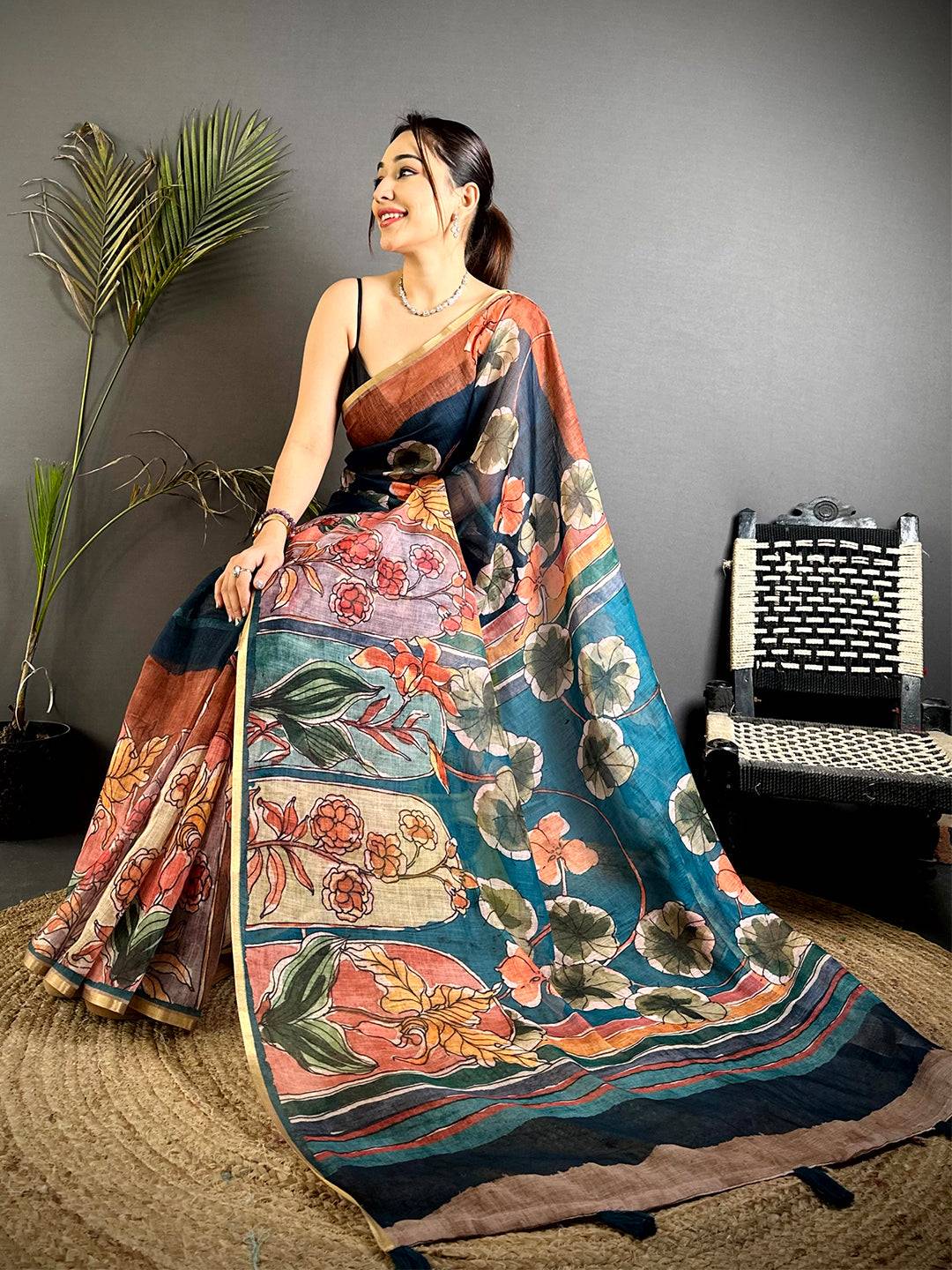 Royal Hand Block Floral Linen Saree