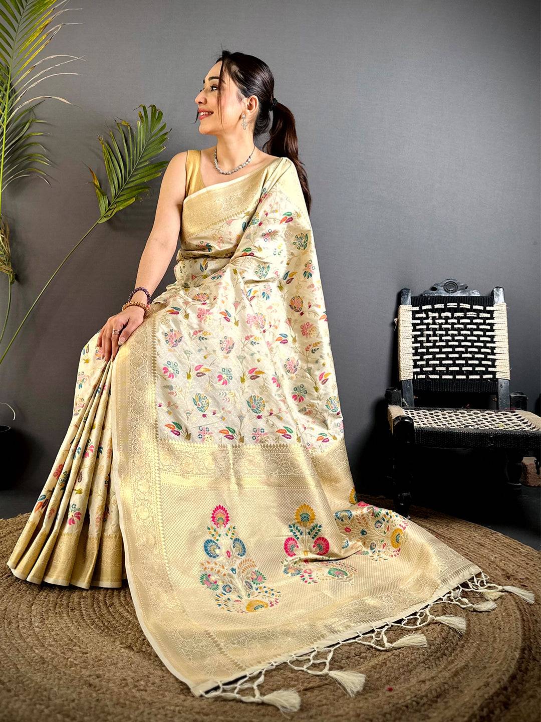 Cream Banarasi Minakari Floral Silk Saree