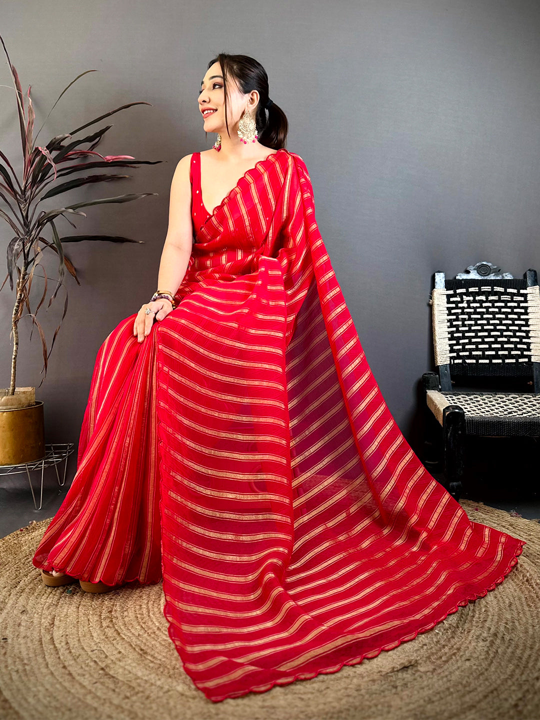 Pink Gold Zari Stripe Chiffon Saree