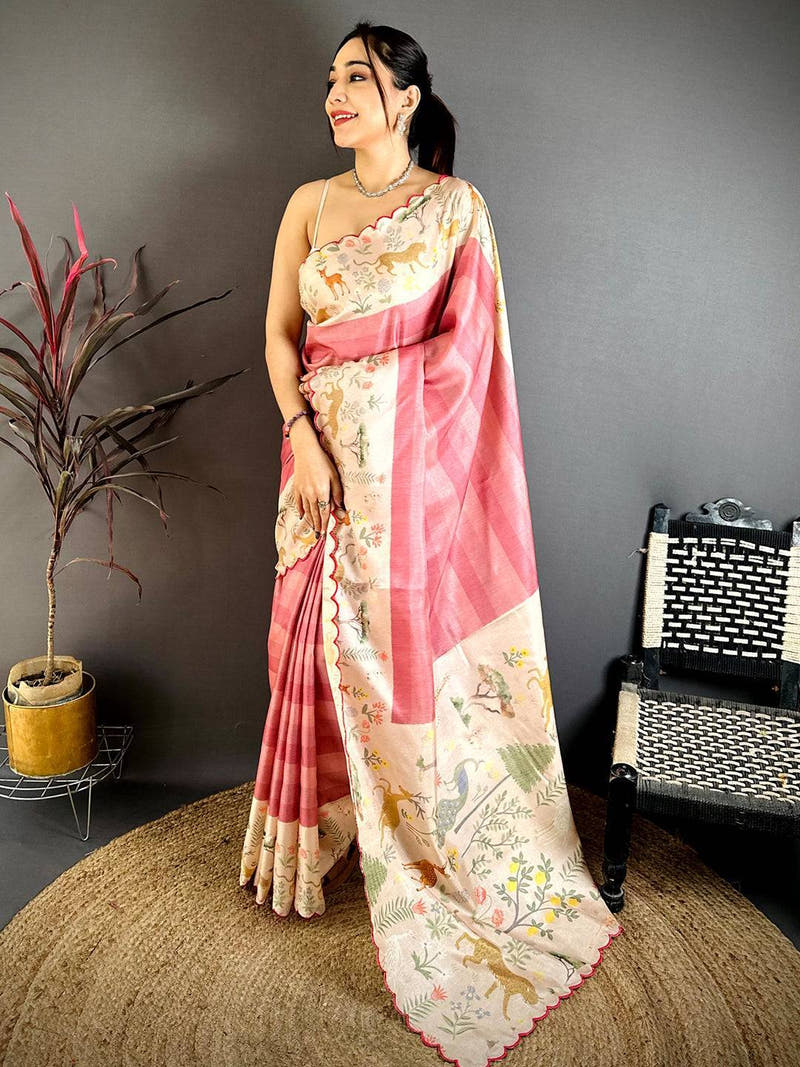 Classic Pink Tussar Thread Cut Work Saree