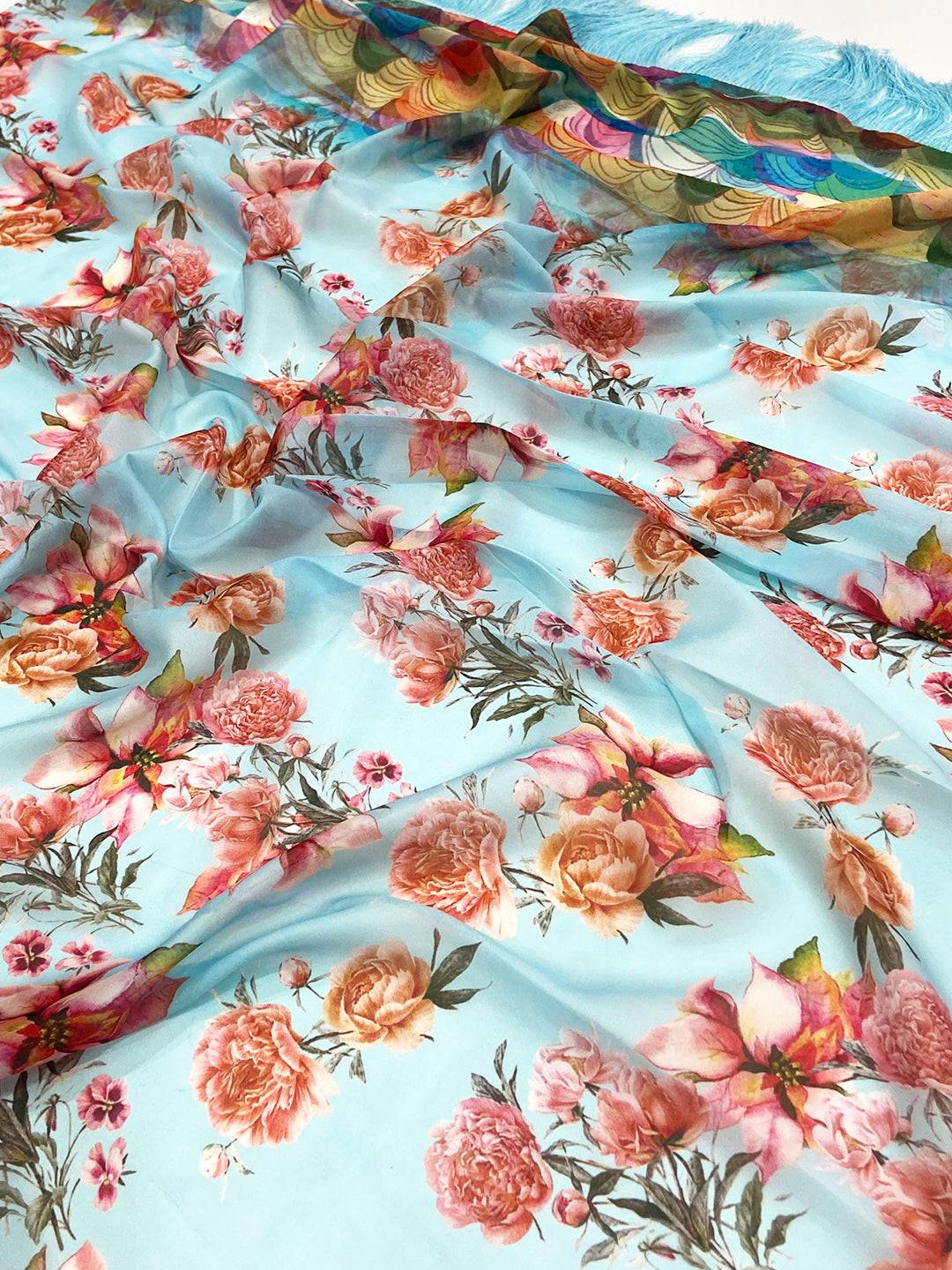 Sky Blue Floral Tebi Silk Saree