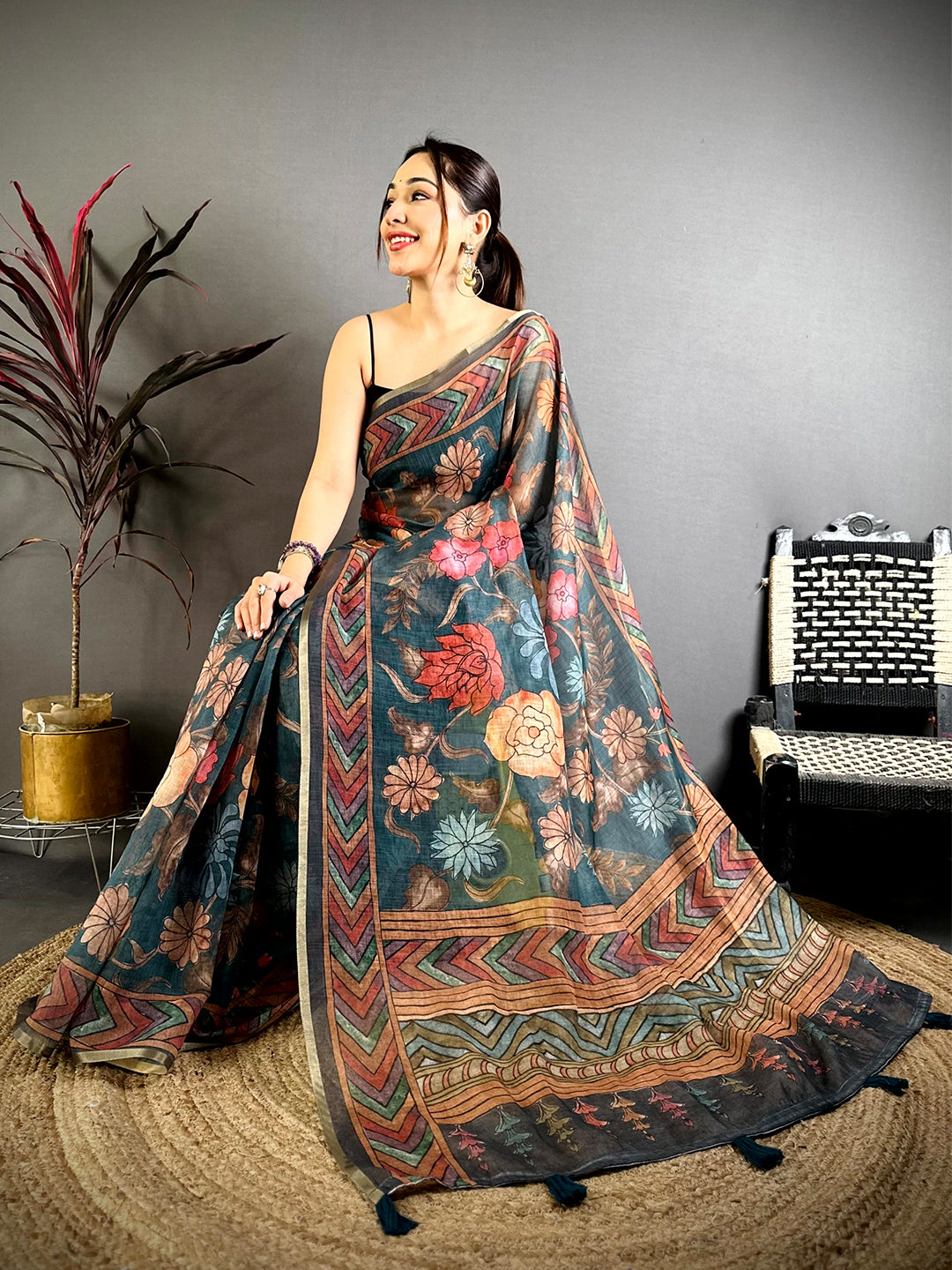 Teal Kalamkari Linen Chanderi Saree