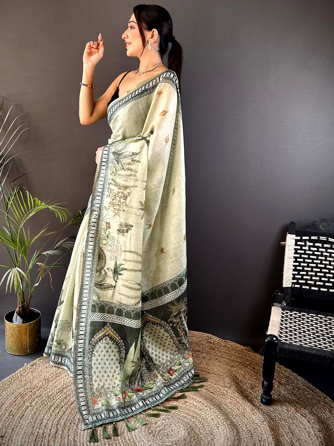 Mint Green Tussar Floral Leaf Print Saree
