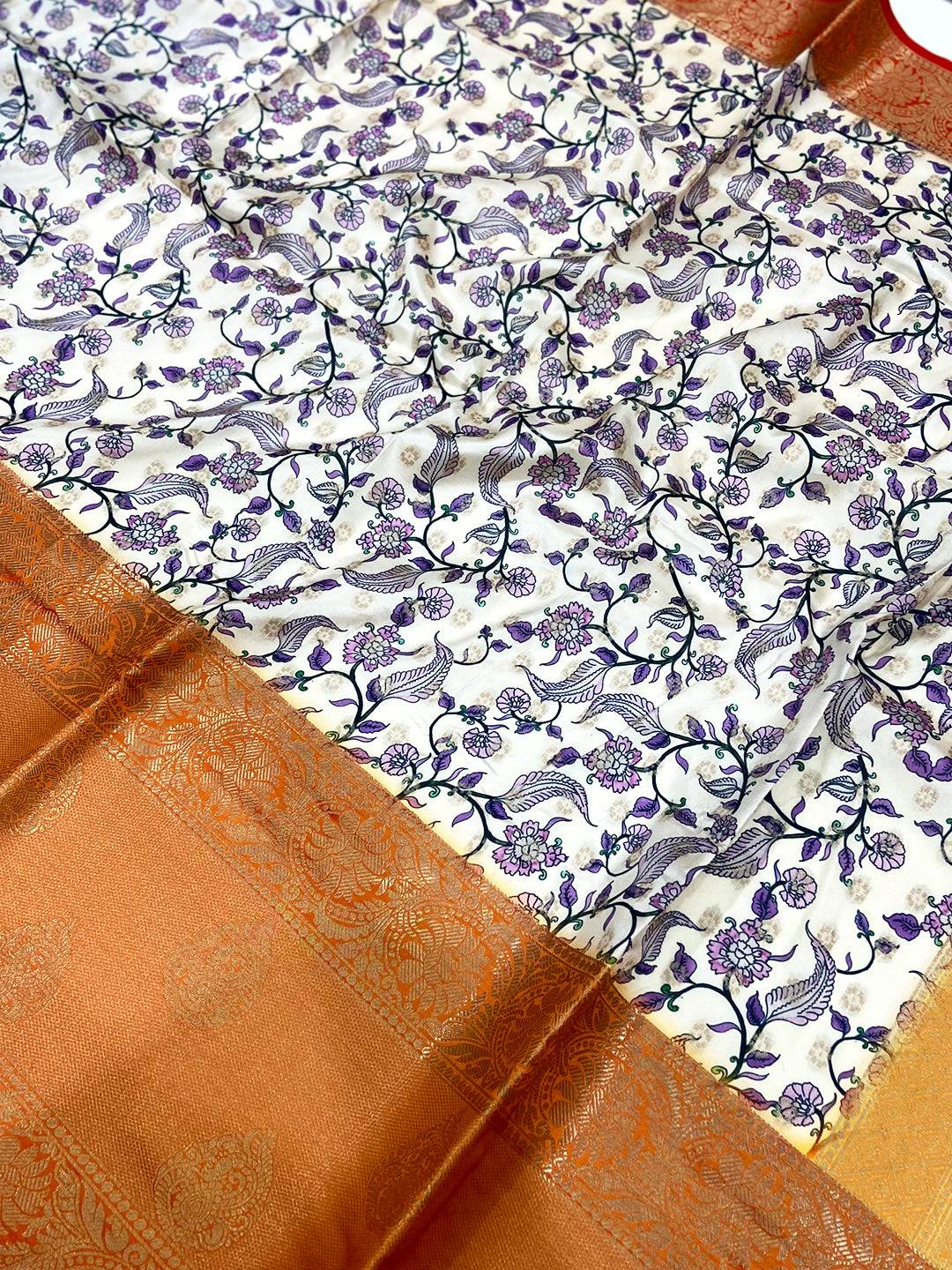 White Floral Printed Banarasi Silk Saree