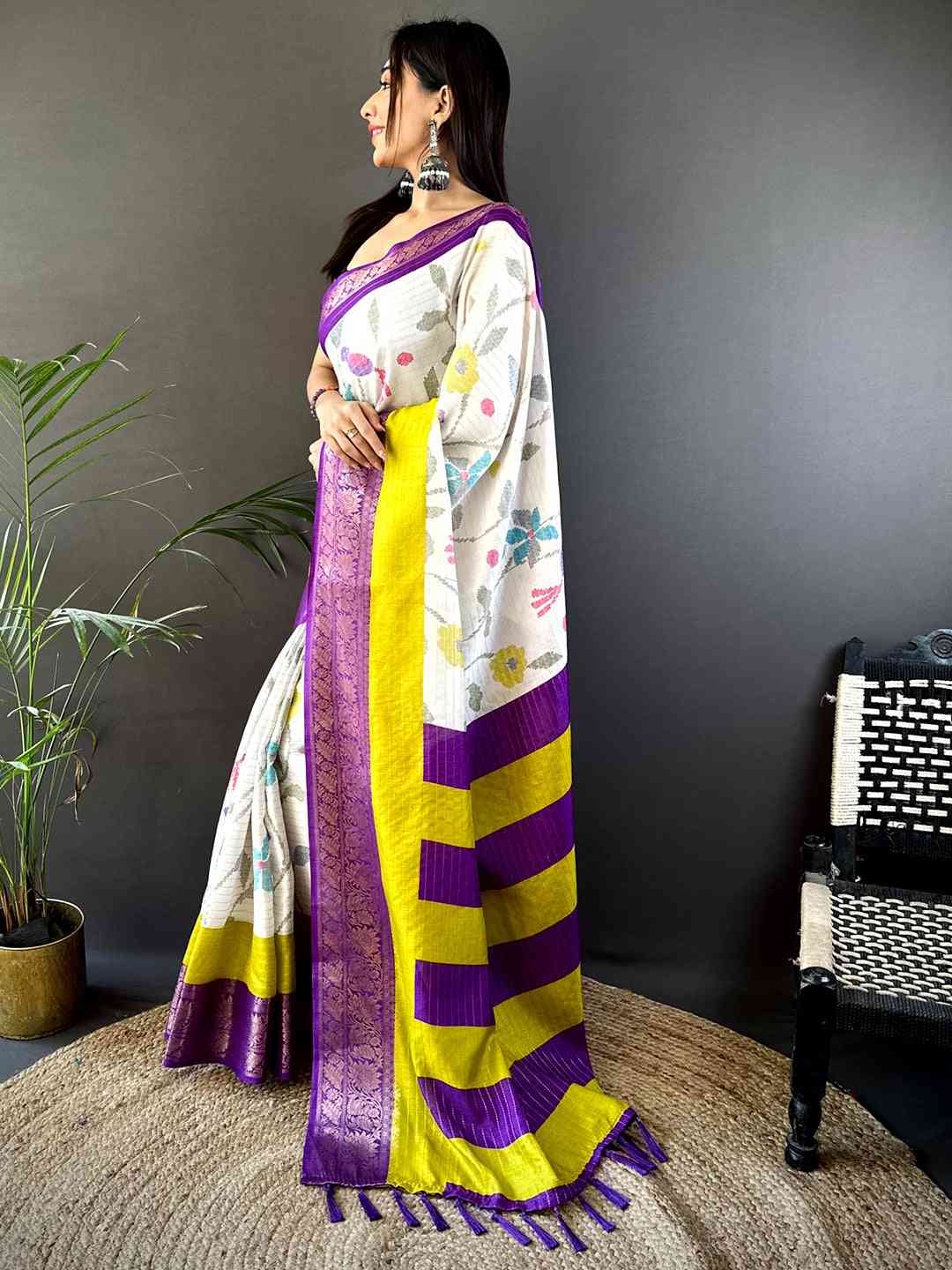 Purple Dola Silk Bird Print Saree