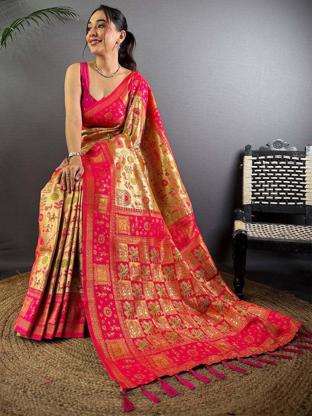 Tradition Warli Gold Zari Dharamavaram Silk Saree