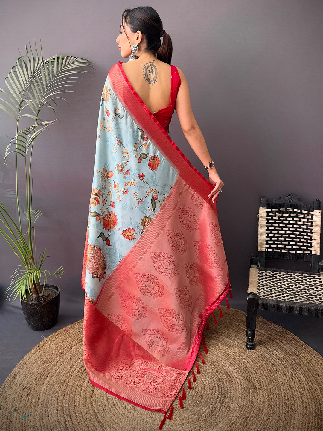 Heritage Cherry Satin Kalamkari Printed Saree